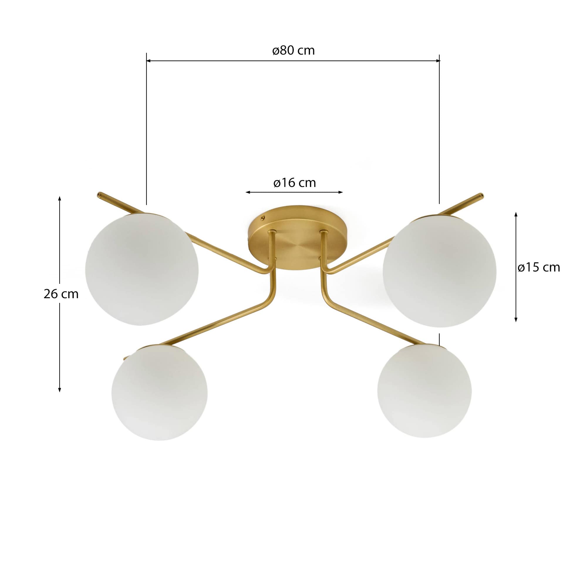 Brisia metal ceiling lamp with brushed brass finish and 4 frosted glass balls Ø15cm