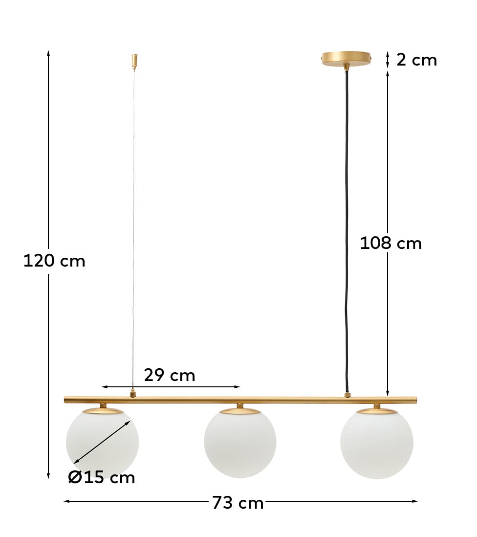 Brisia metal ceiling lamp with brushed brass finish and 3 frosted glass balls Ø15cm