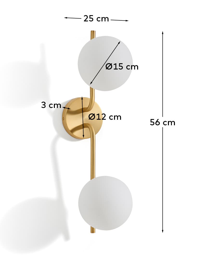 Brisia metal wall lamp with brushed brass finish and 2 frosted glass balls Ø15cm
