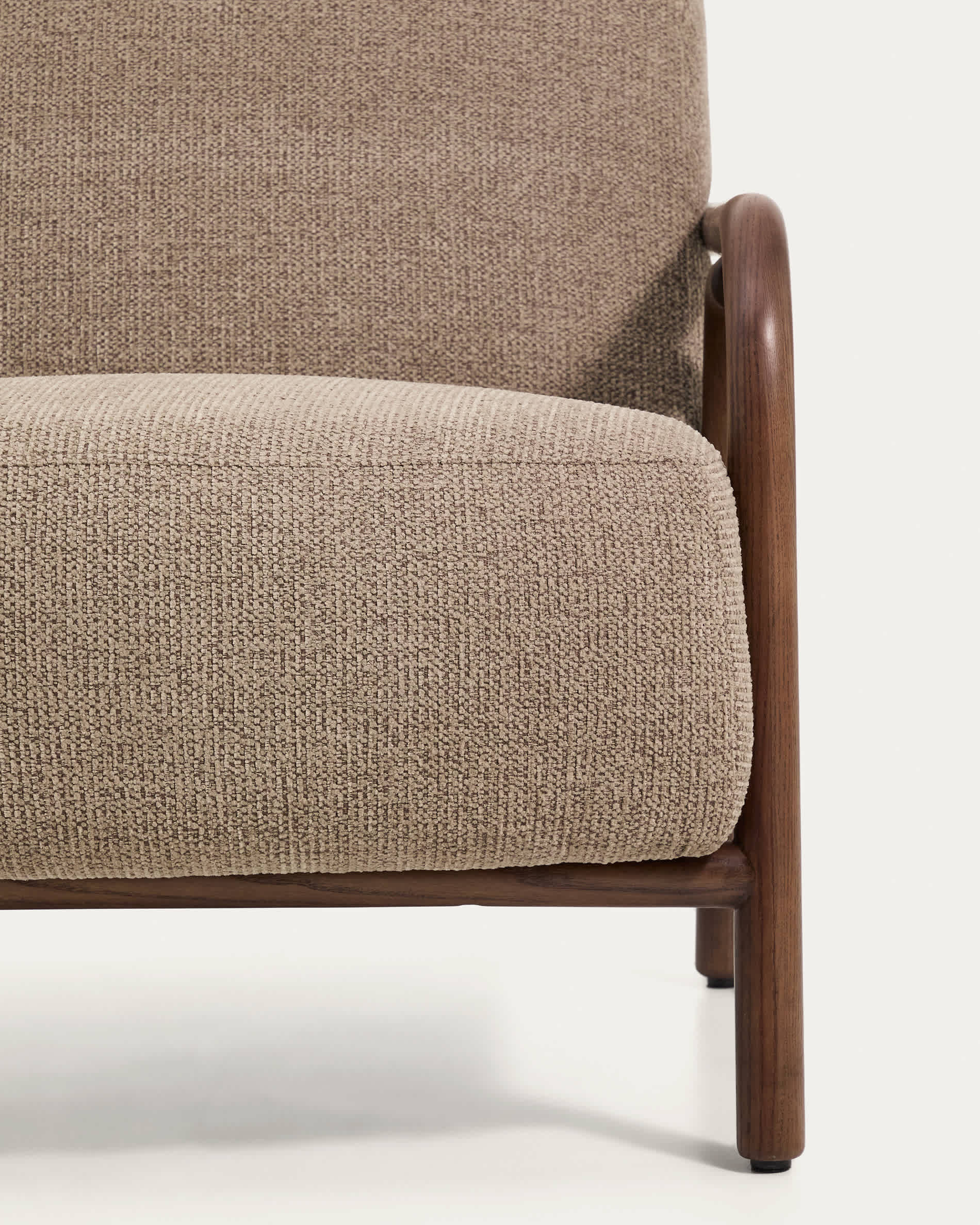 Sylo armchair in taupe chenille and solid ash wood with walnut-coloured finish FSC 100%