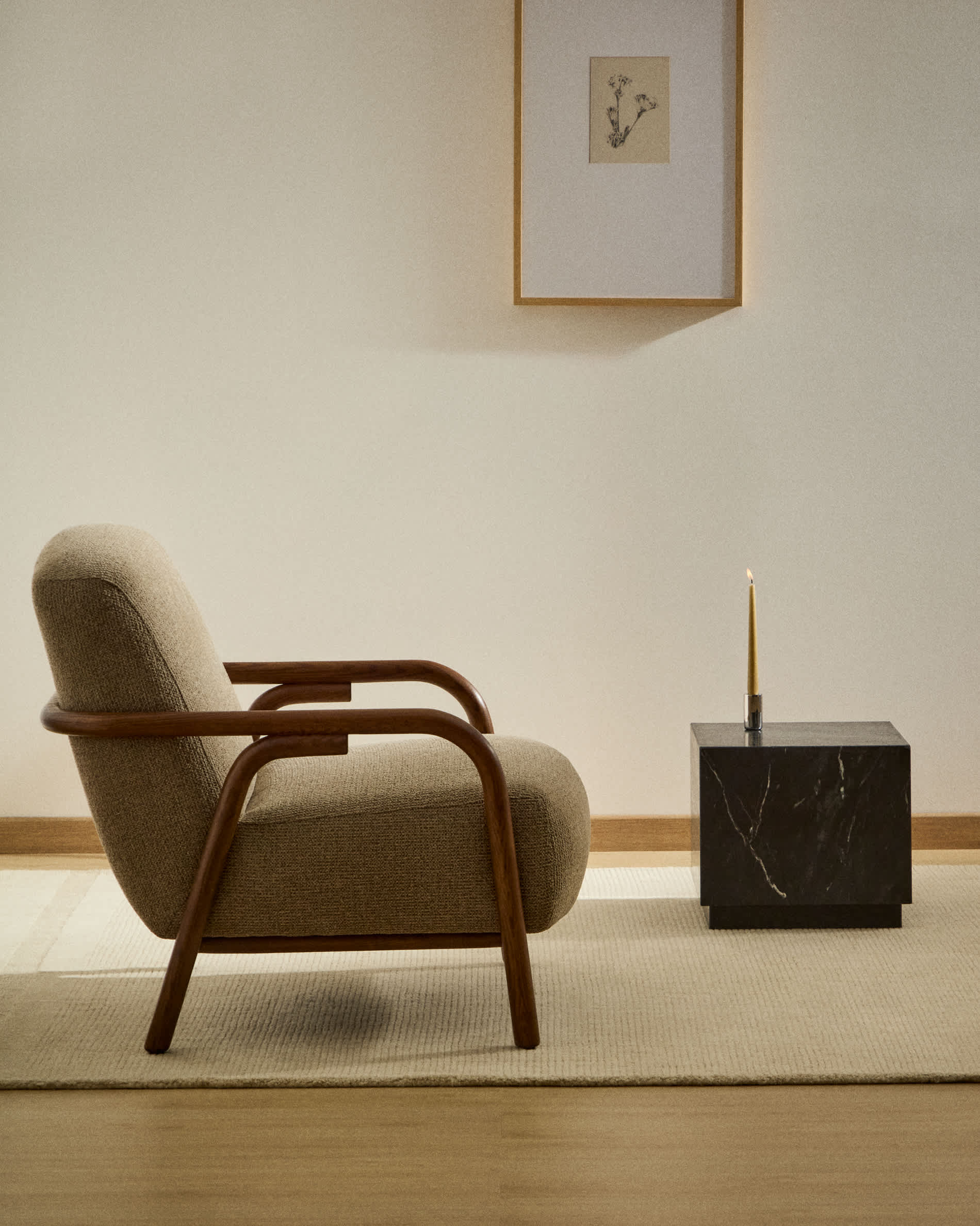 Sylo armchair in taupe chenille and solid ash wood with walnut-coloured finish FSC 100%