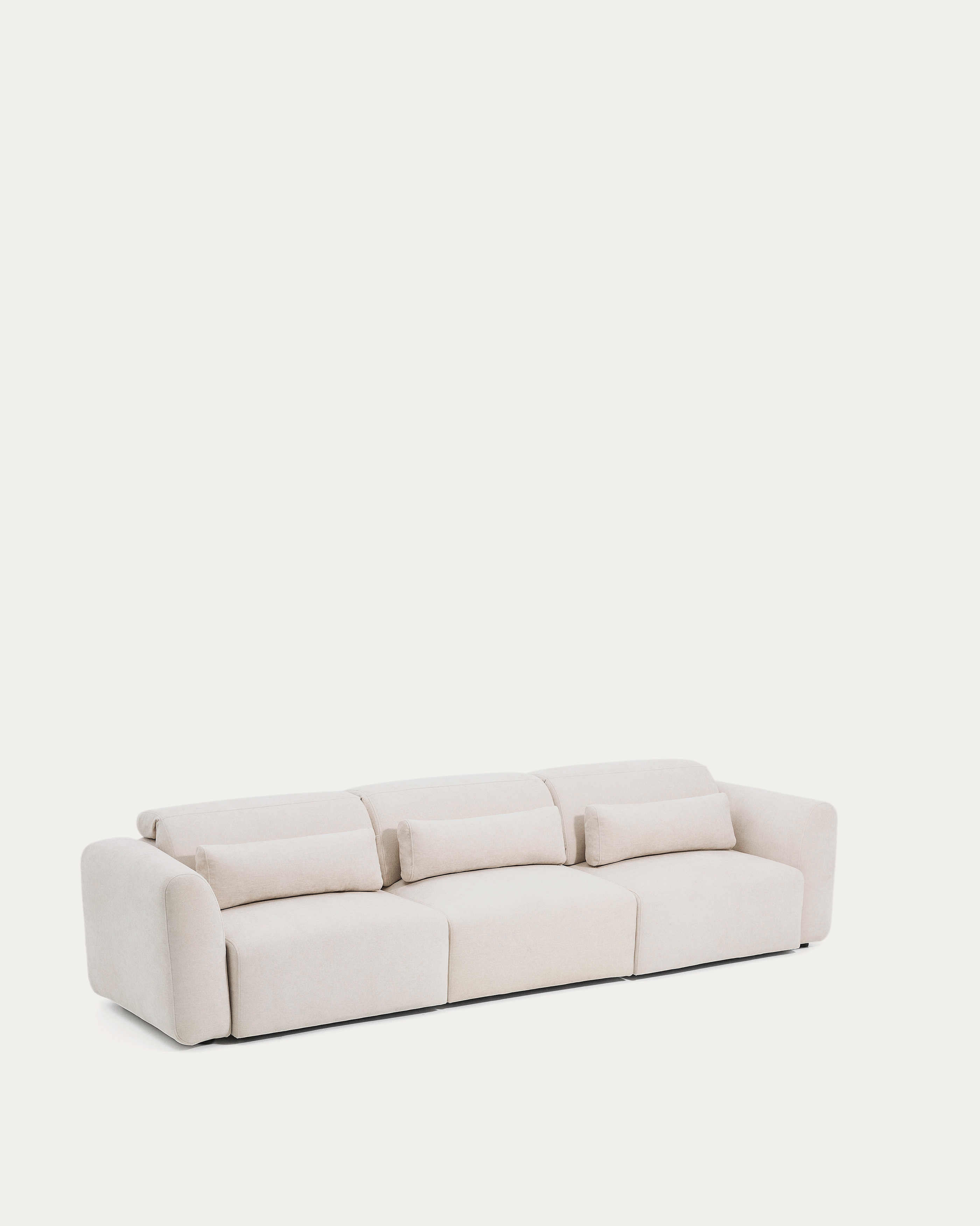 Lares 5-seater sofa with motorised sliding seats and reclining headrest in beige chenille 335cm