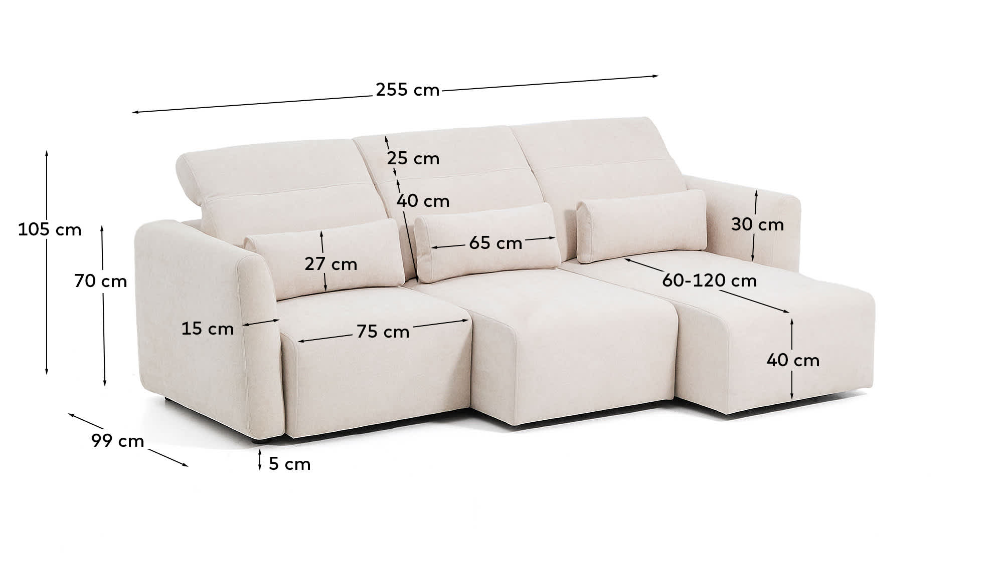 Lares 3-seater sofa with motorised sliding seats and reclining headrest in beige chenille 255cm