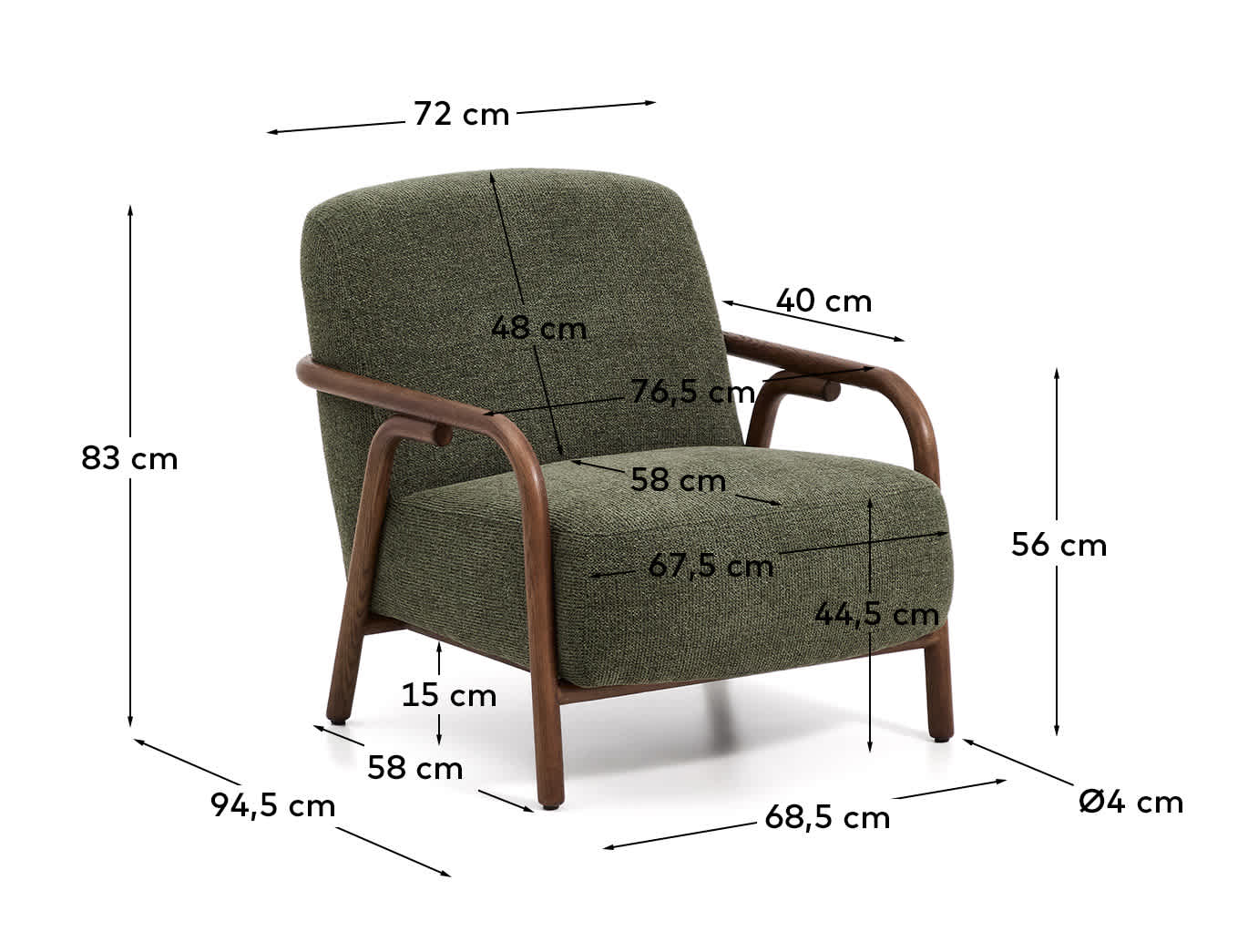Sylo armchair in dark green chenille and solid ash wood with walnut-coloured finish FSC 100%