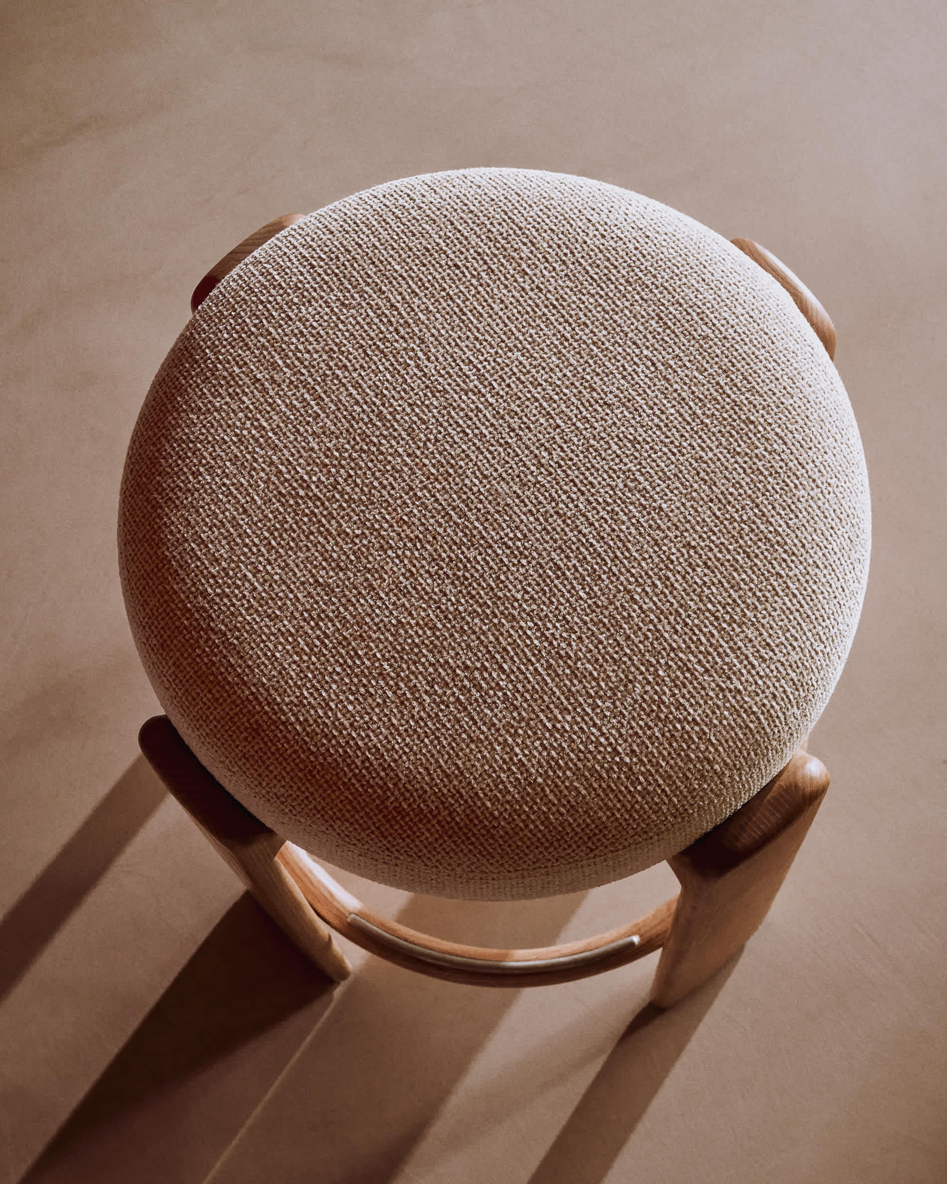 Granite fire-retardant stool in beige chenille and solid ash wood with natural-coloured finish FSC 100% 75cm