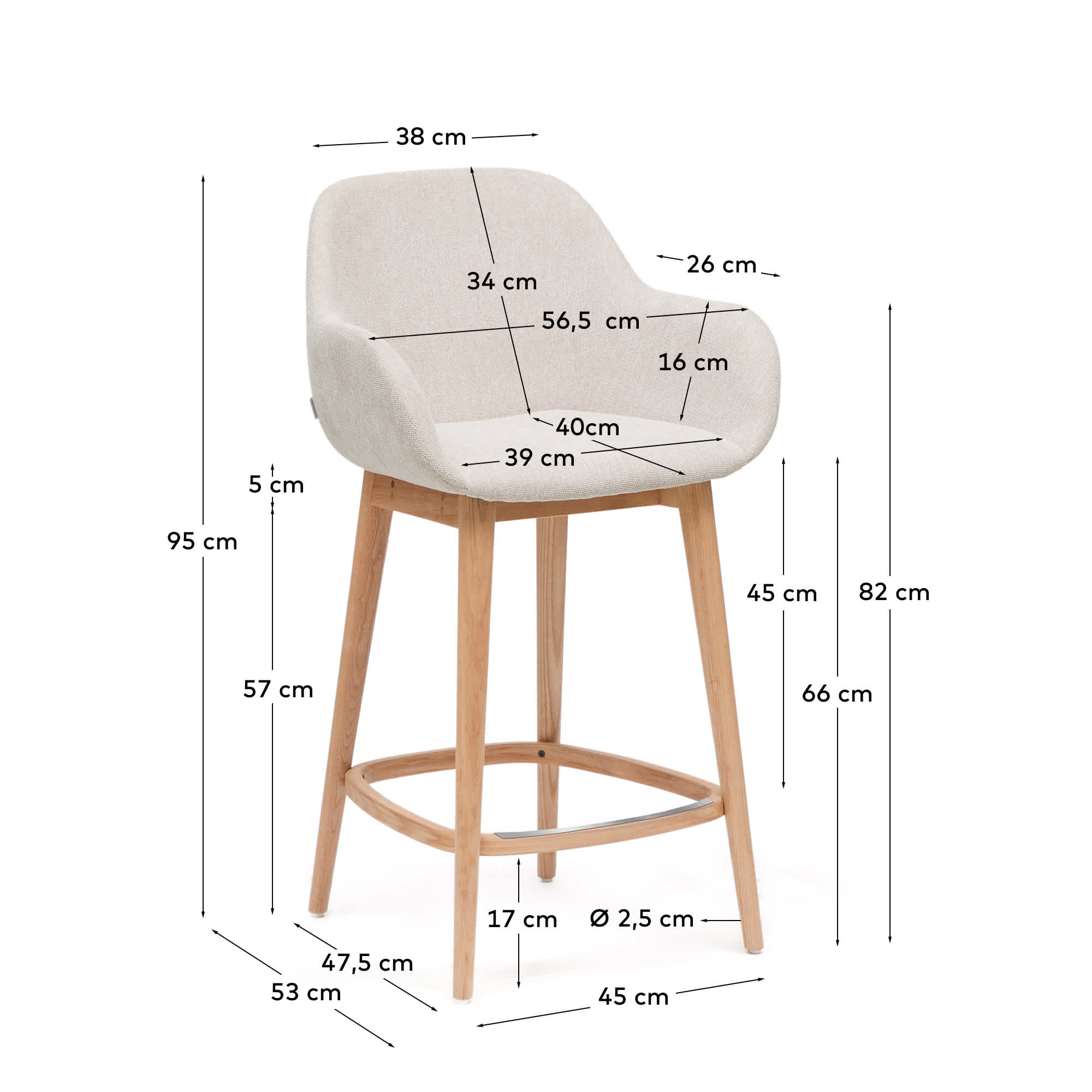 Konna stool in beige and solid ash wood legs in a light finish, 65 cm