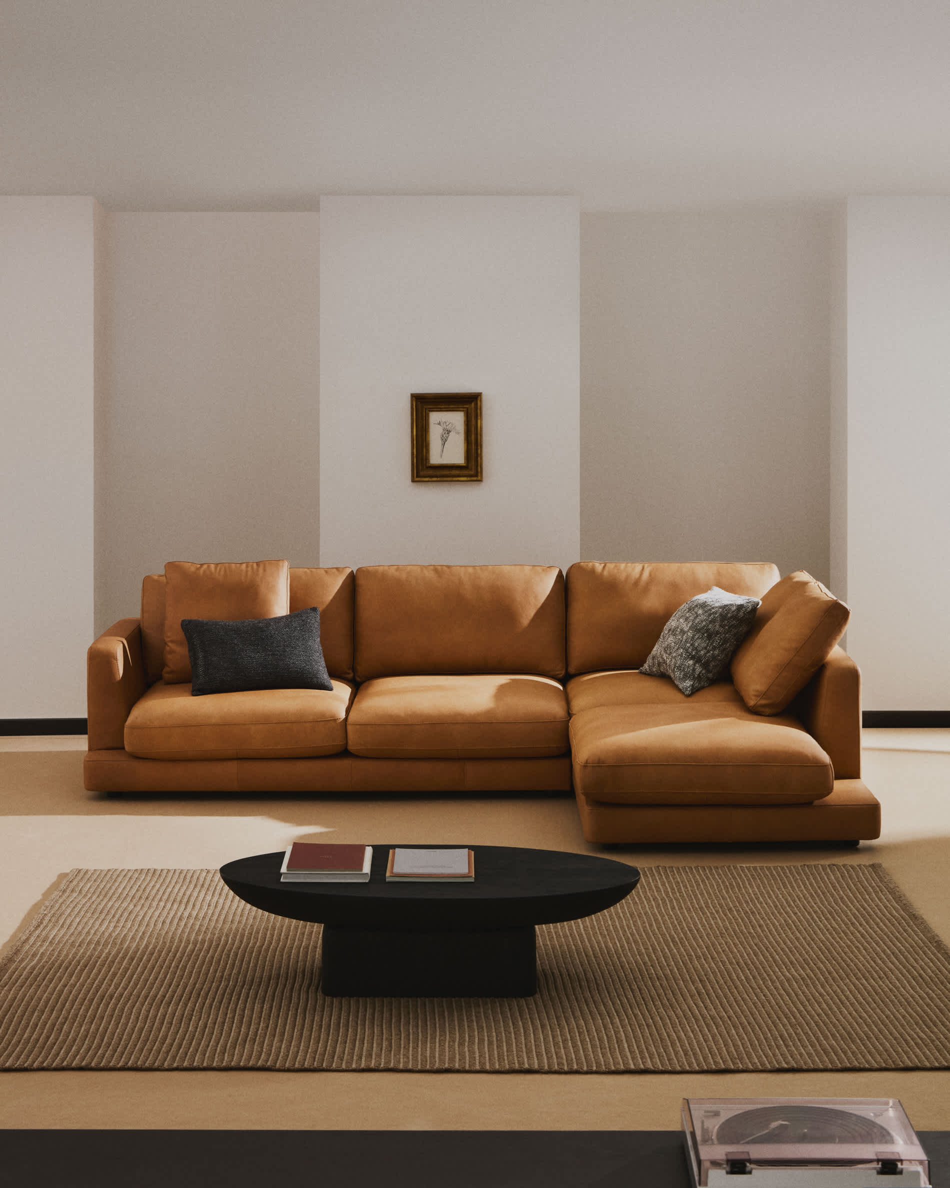 Gala 4-seater leather sofa with right chaise longue brown 300cm