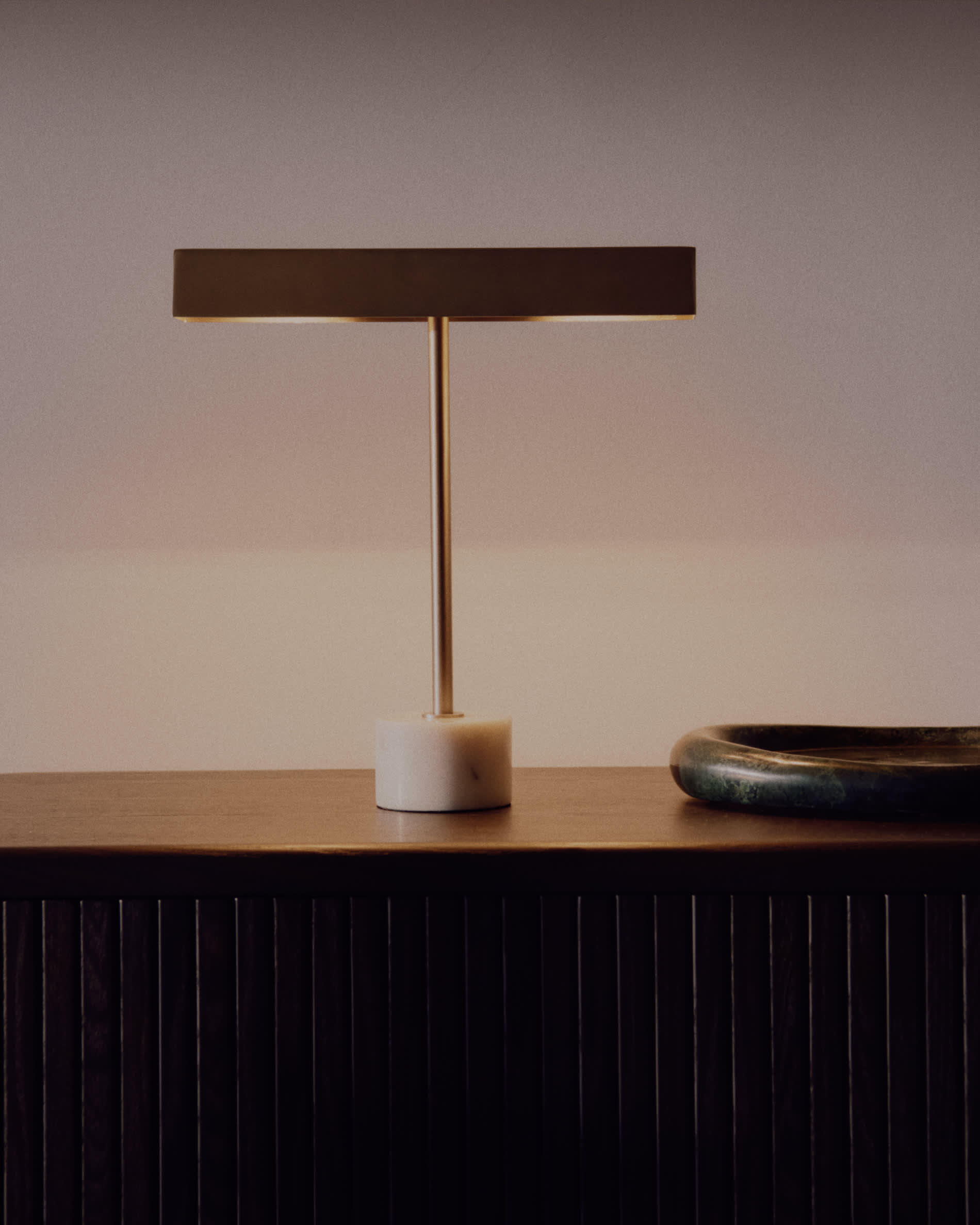 Lynor brushed metal table lamp with white marble base
