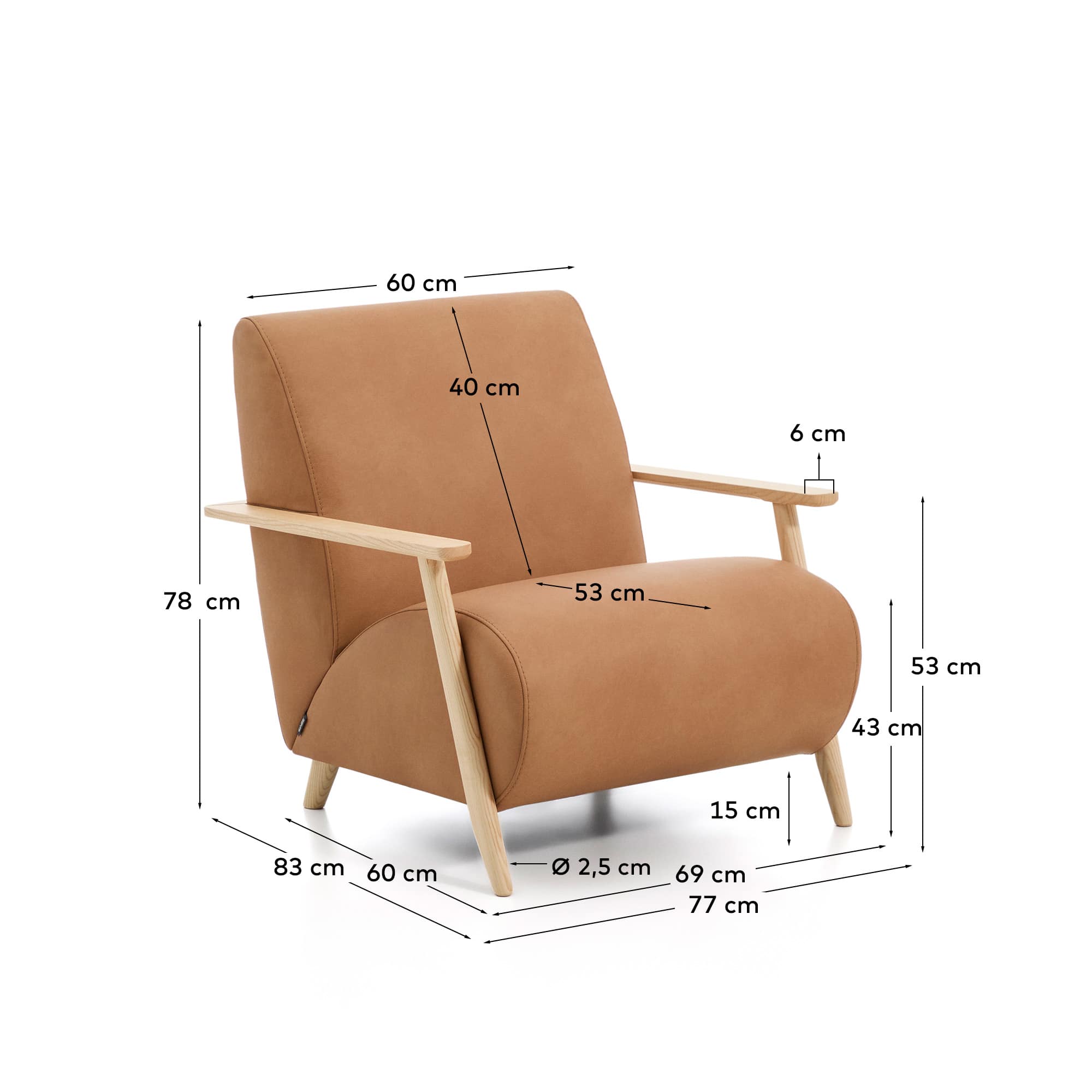 Meghan armchair in brown leather and solid ash wood with natural-coloured finish FSC Mix Credit