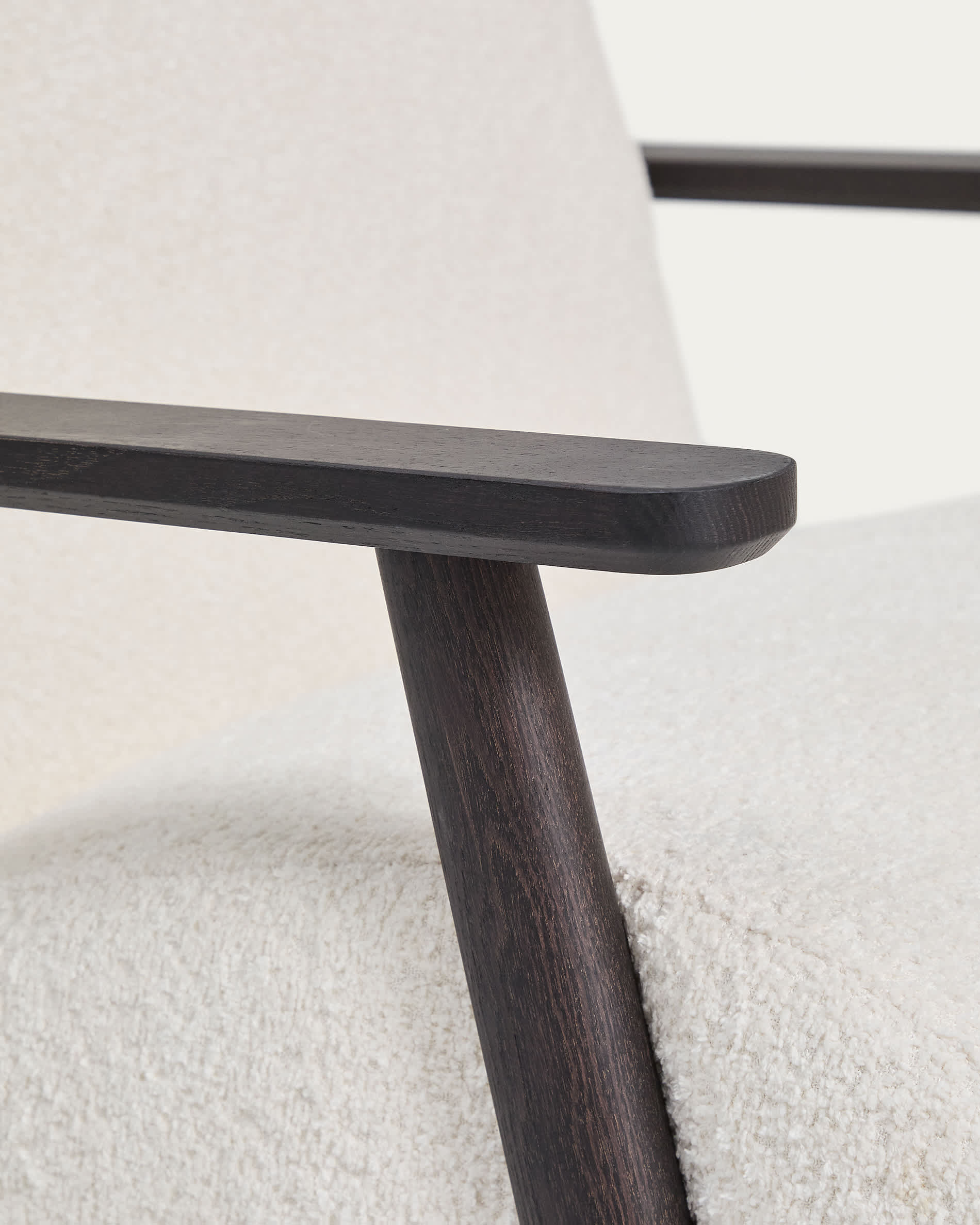 Meghan fire-retardant armchair in ecru bouclé and solid ash wood with wenge-coloured finish FSC Mix Credit