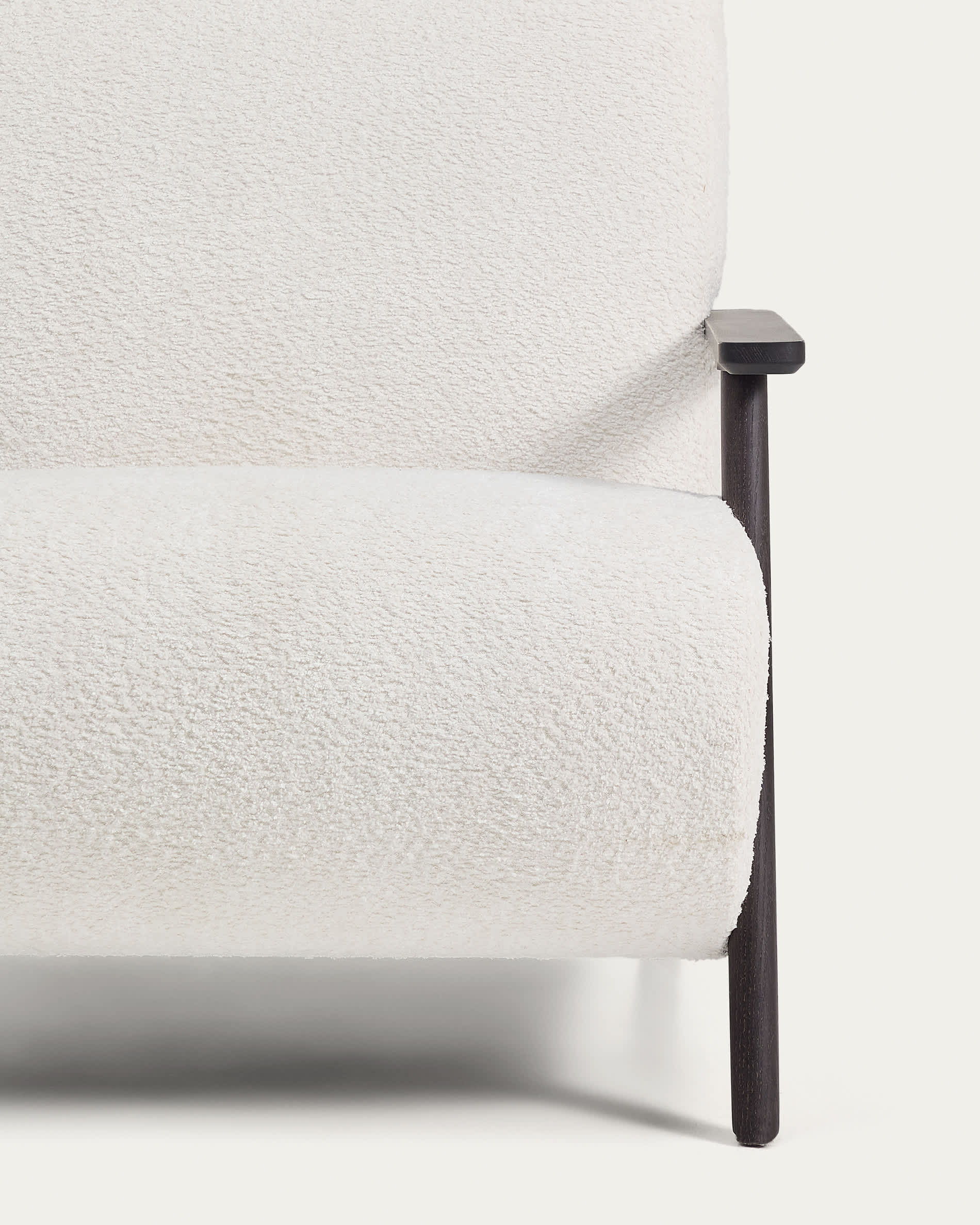 Meghan fire-retardant armchair in ecru bouclé and solid ash wood with wenge-coloured finish FSC Mix Credit