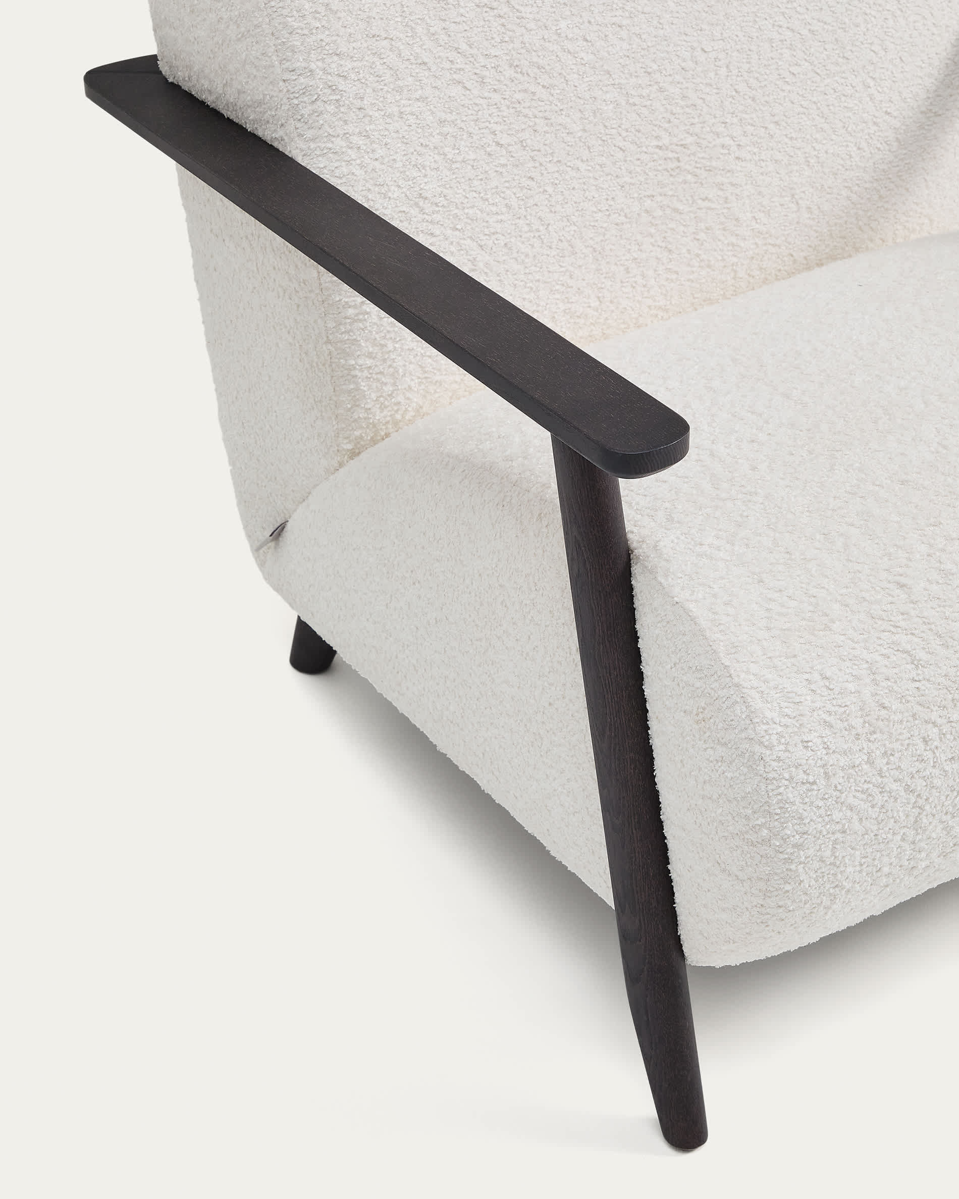 Meghan fire-retardant armchair in ecru bouclé and solid ash wood with wenge-coloured finish FSC Mix Credit