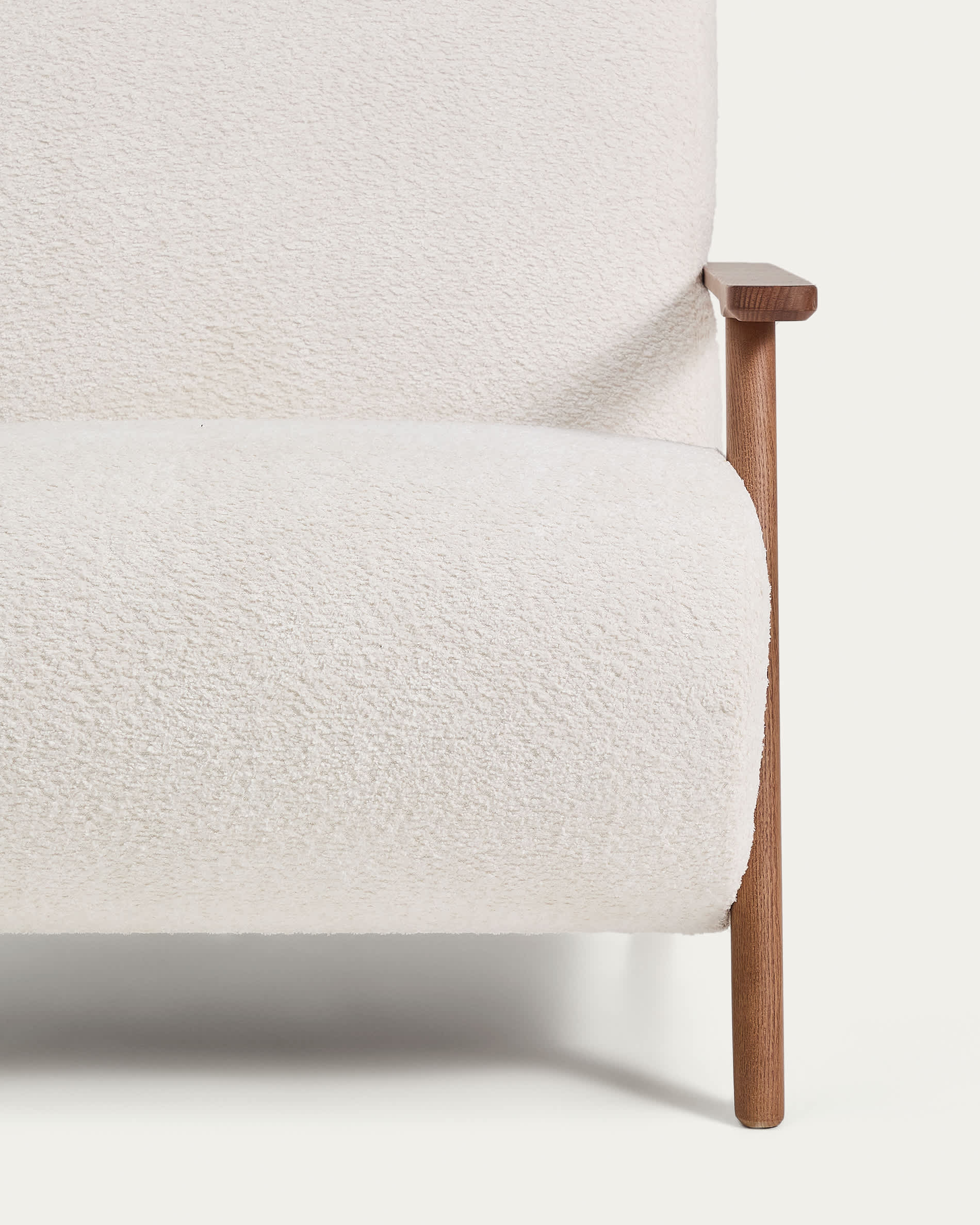 Meghan fire-retardant armchair in ecru bouclé and solid ash wood with walnut-coloured finish FSC Mix Credit