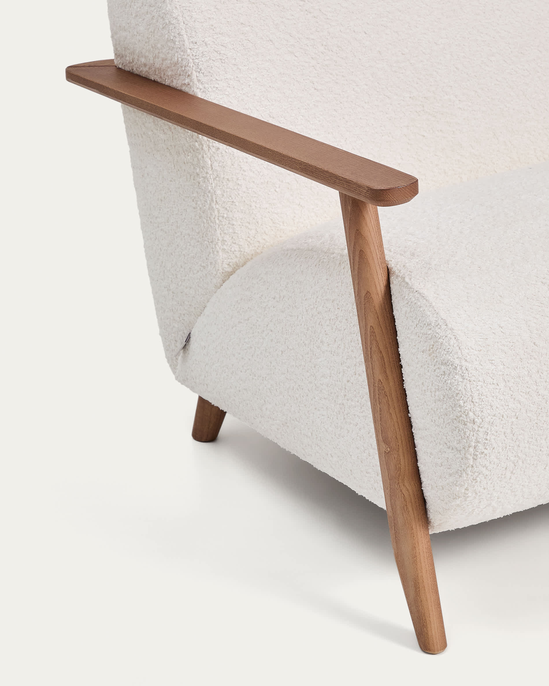 Meghan fire-retardant armchair in ecru bouclé and solid ash wood with walnut-coloured finish FSC Mix Credit