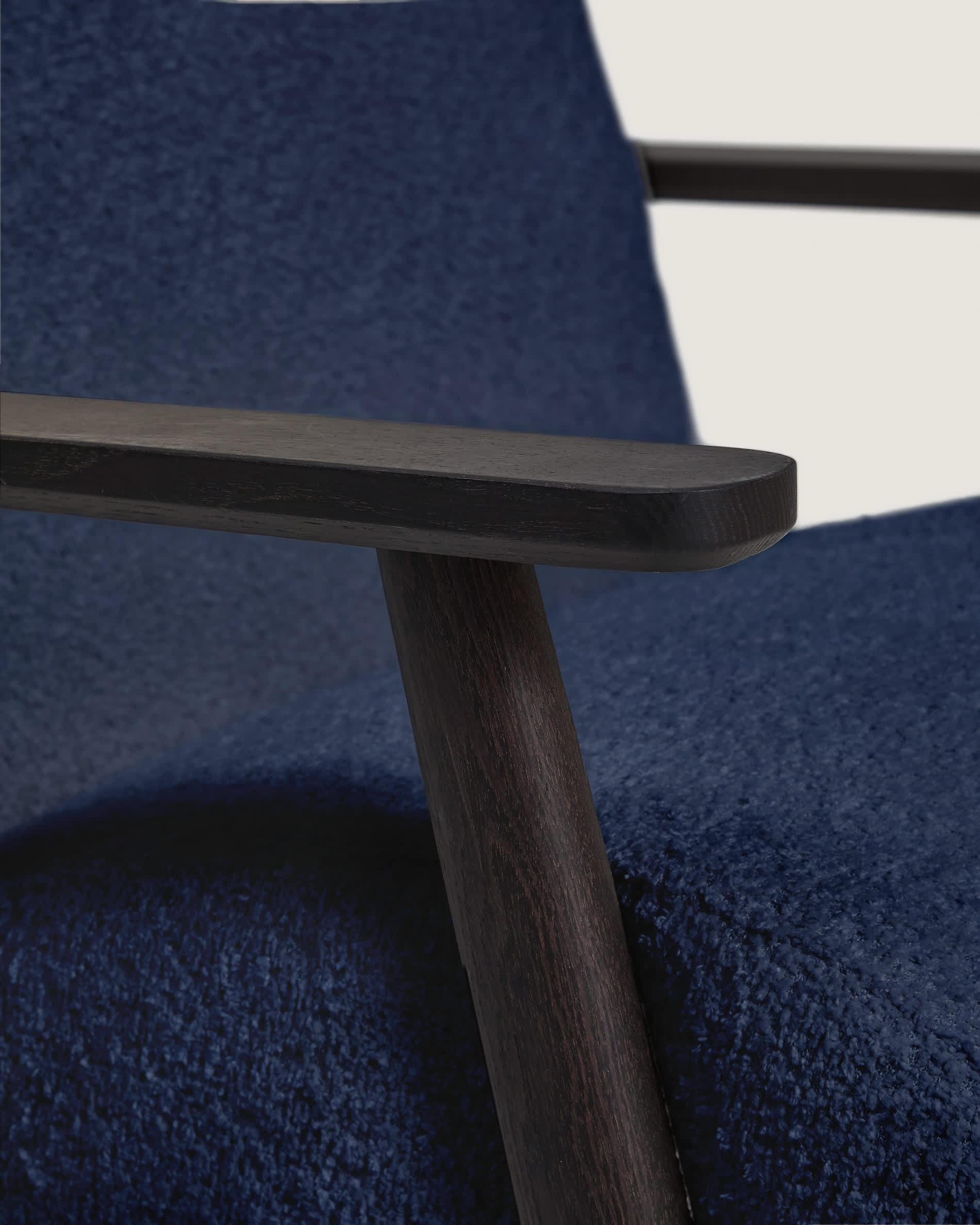 Meghan fire-retardant armchair in blue bouclé and solid ash wood with wenge-coloured finish FSC Mix Credit