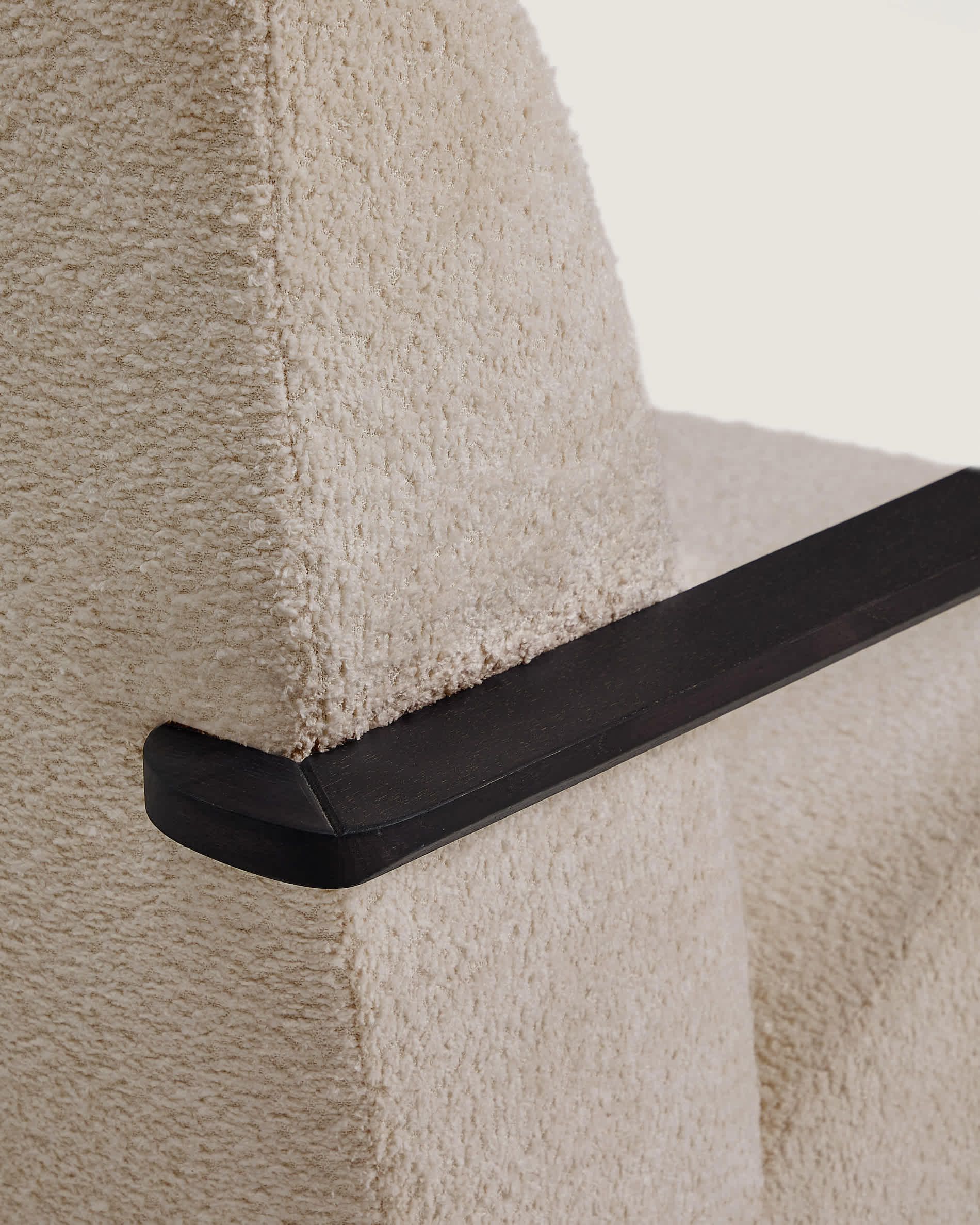 Meghan fire-retardant armchair in beige bouclé and solid ash wood with wenge-coloured finish FSC Mix Credit