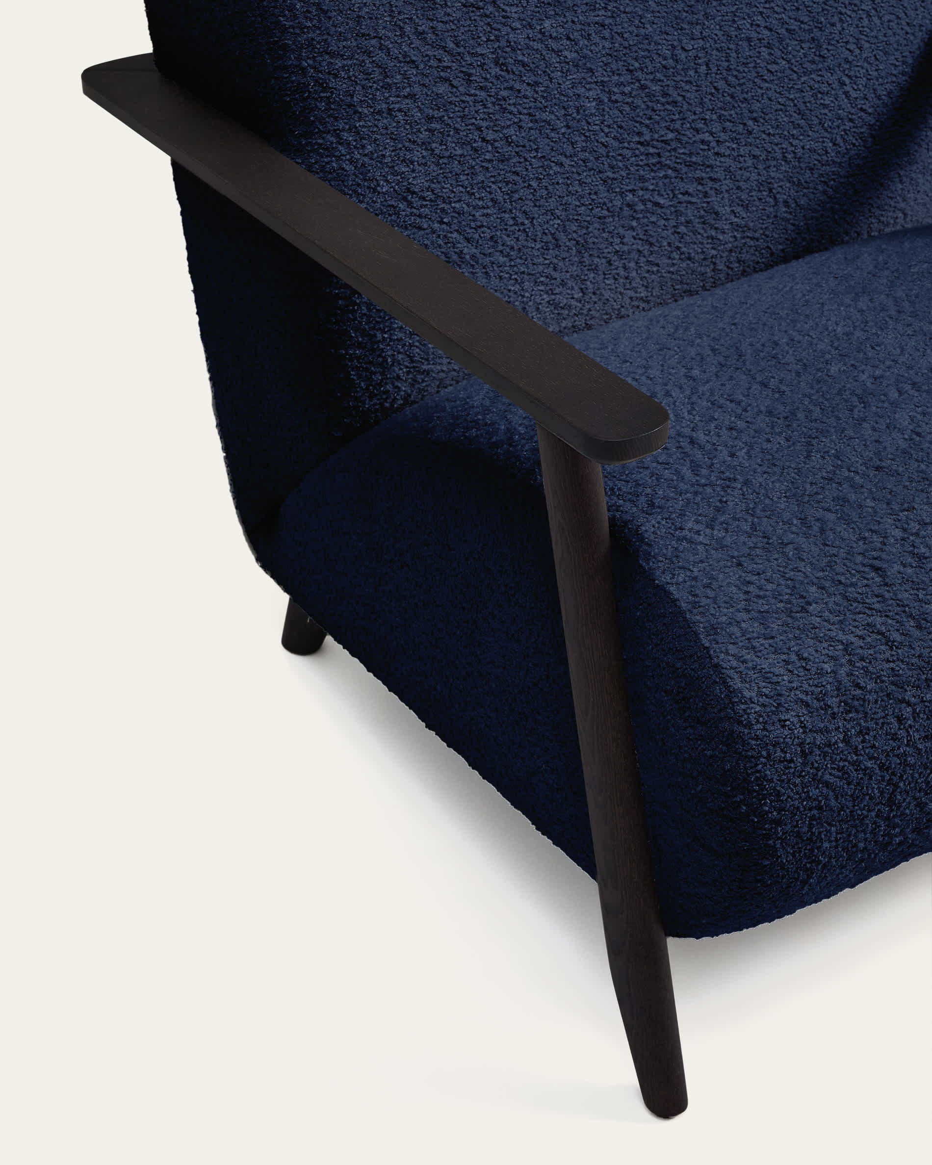 Meghan fire-retardant armchair in blue bouclé and solid ash wood with wenge-coloured finish FSC Mix Credit