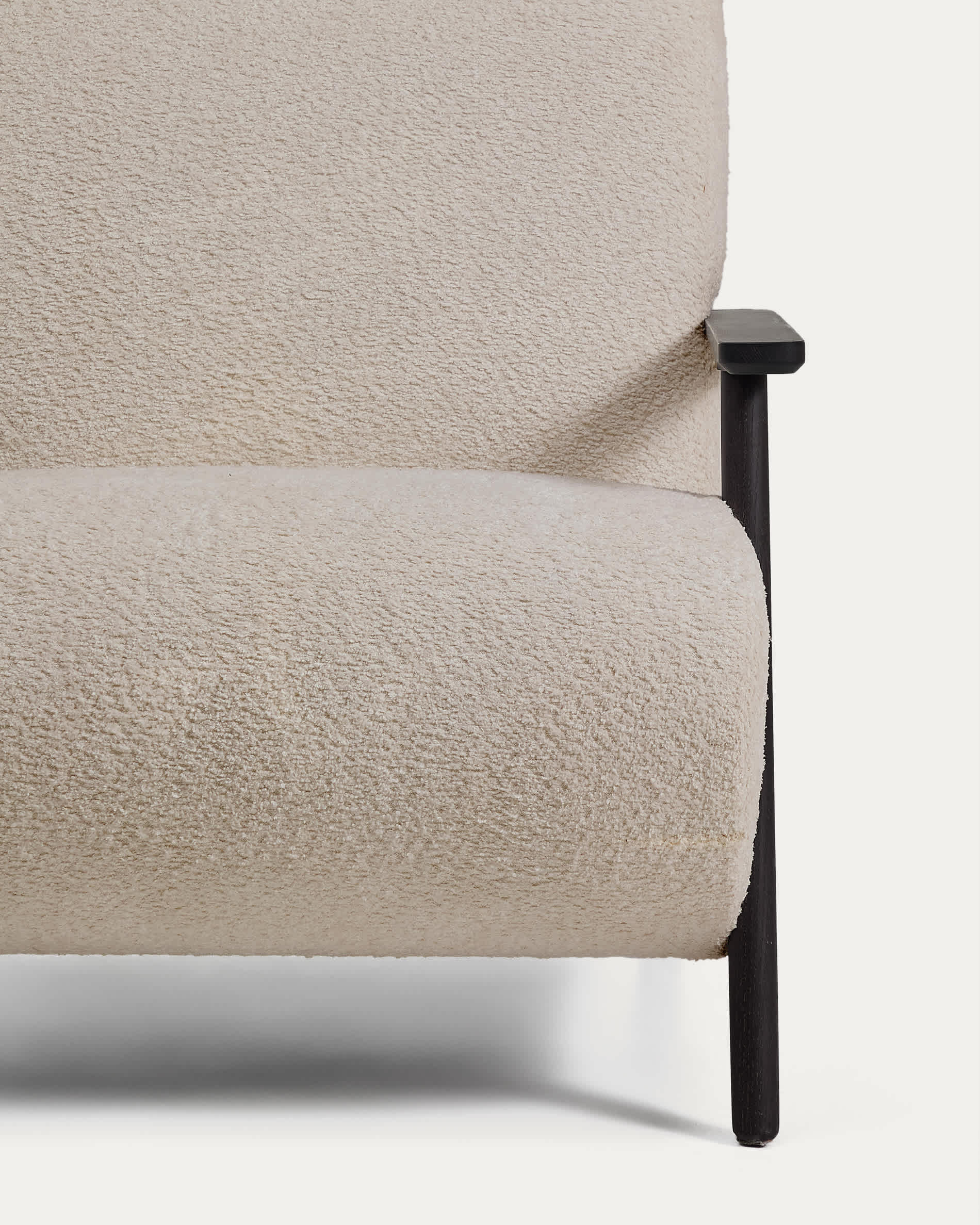 Meghan fire-retardant armchair in beige bouclé and solid ash wood with wenge-coloured finish FSC Mix Credit