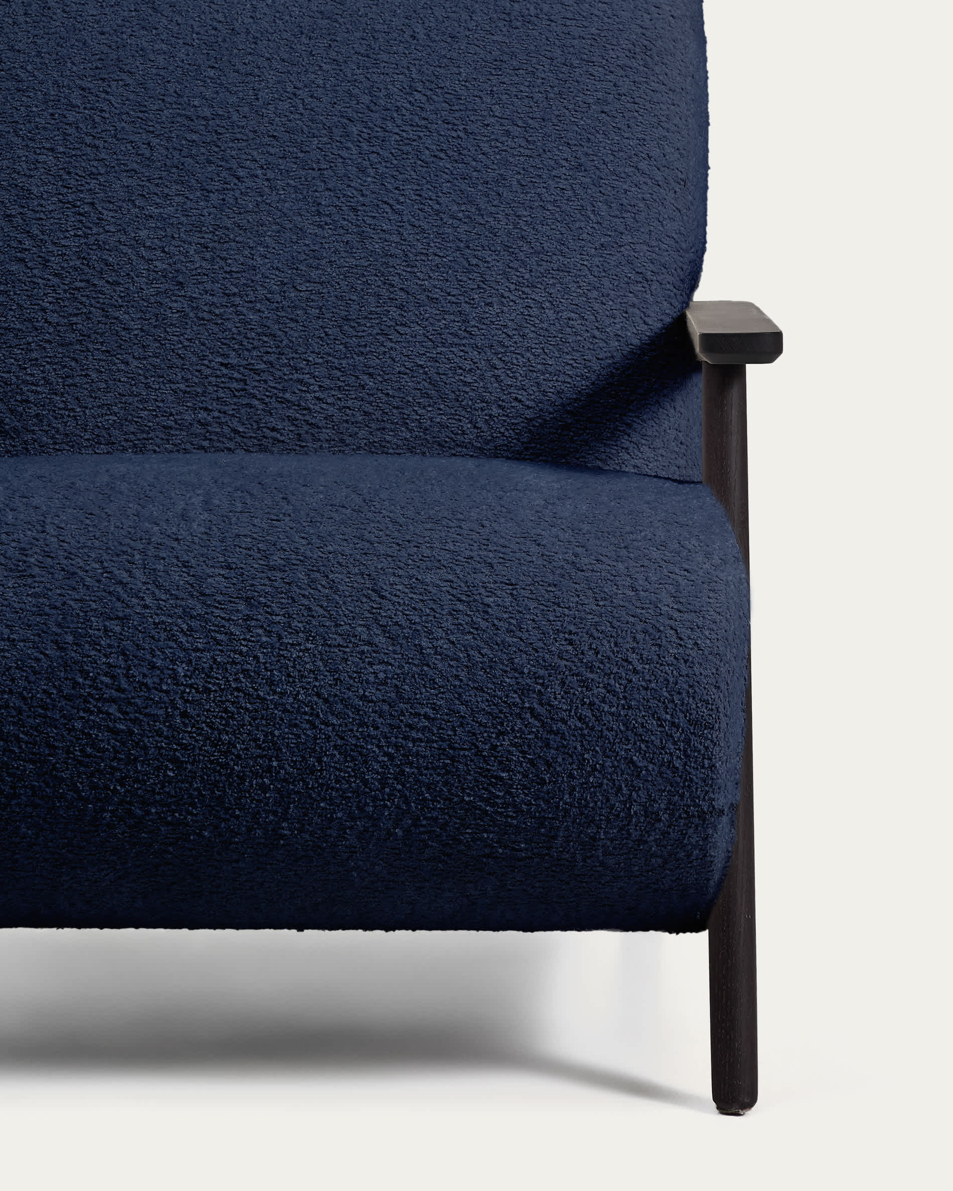 Meghan fire-retardant armchair in blue bouclé and solid ash wood with wenge-coloured finish FSC Mix Credit