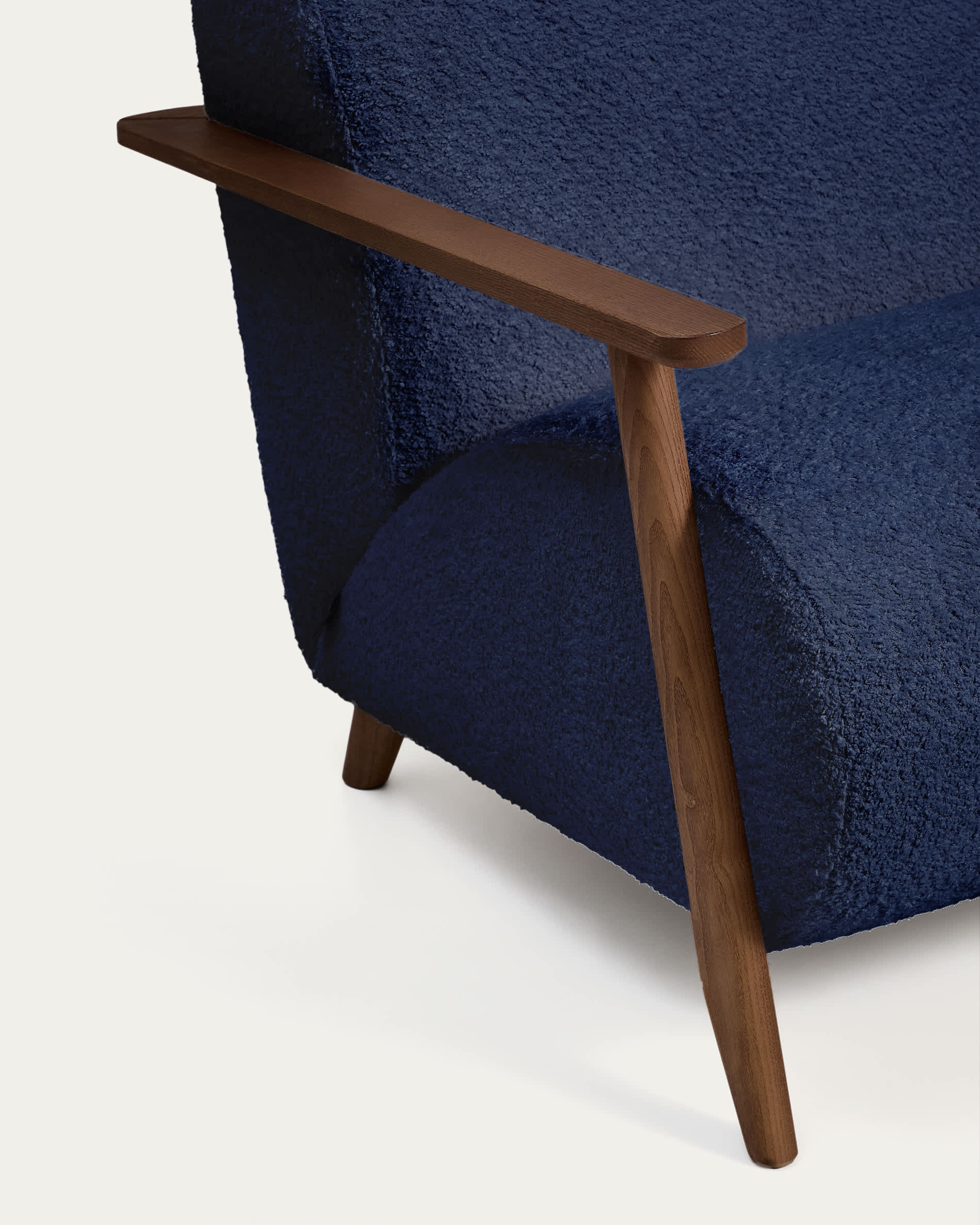 Meghan fire-retardant armchair in blue bouclé and solid ash wood with walnut-coloured finish FSC Mix Credit
