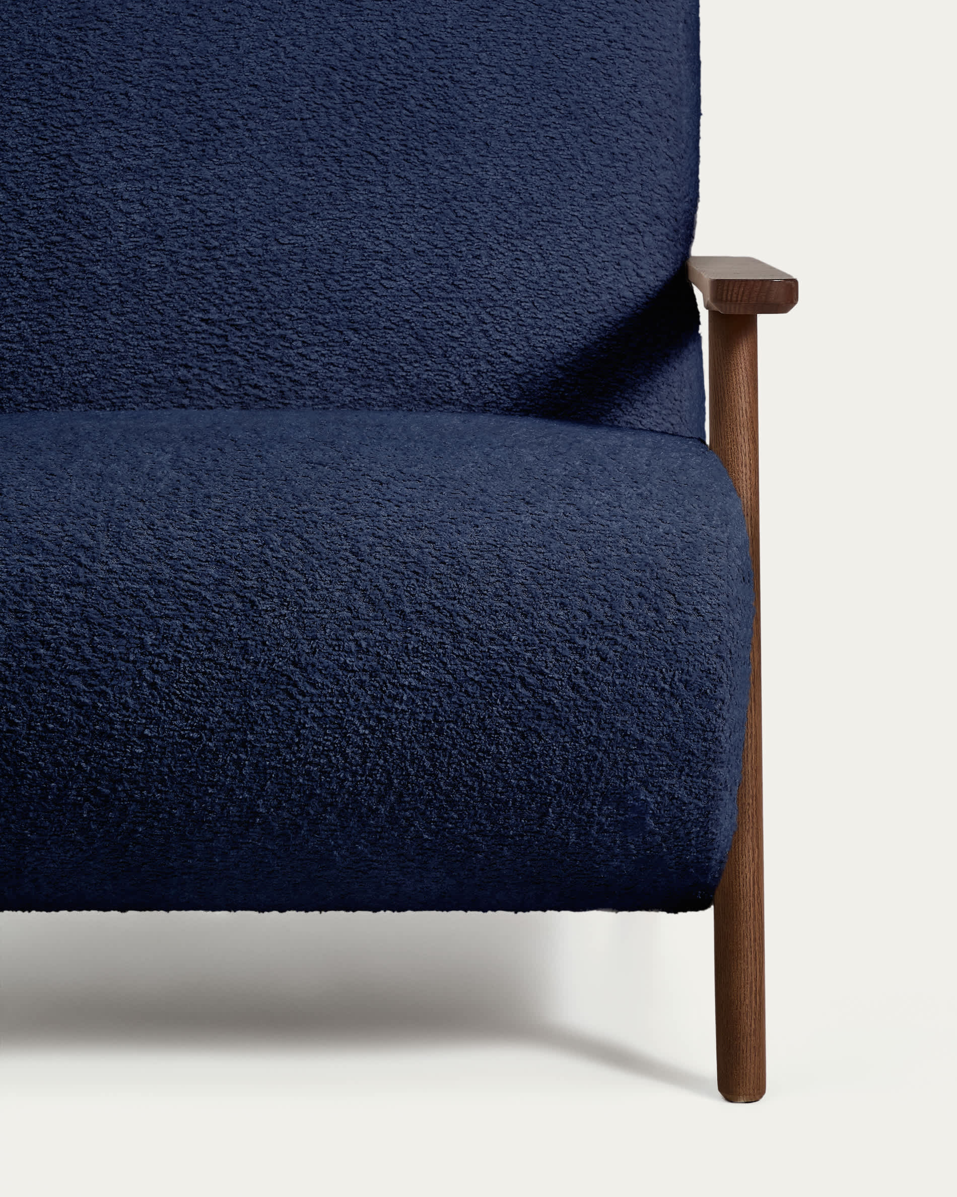 Meghan fire-retardant armchair in blue bouclé and solid ash wood with walnut-coloured finish FSC Mix Credit