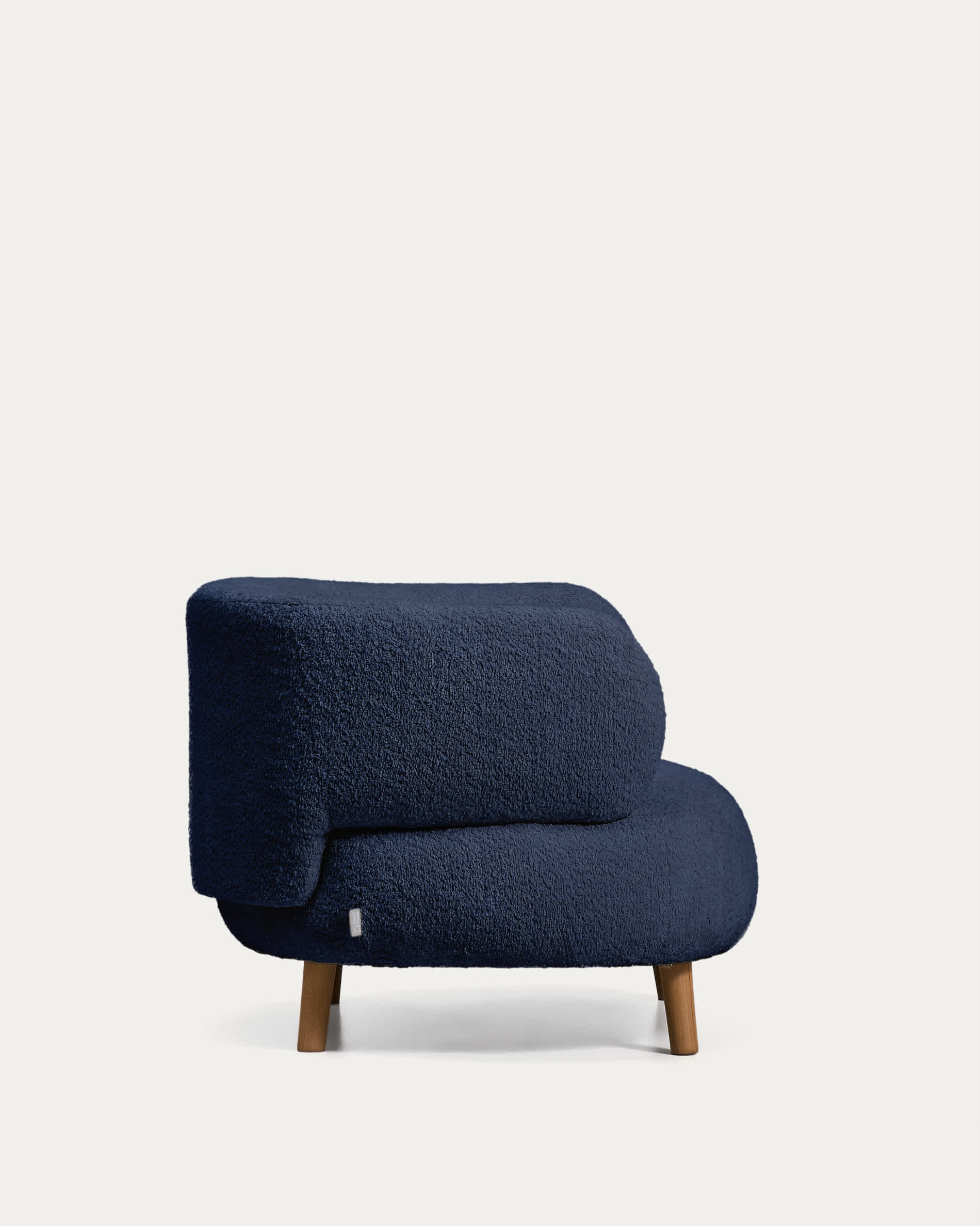 Luisa fire-retardant blue bouclé armchair with solid beech wood legs 90cm