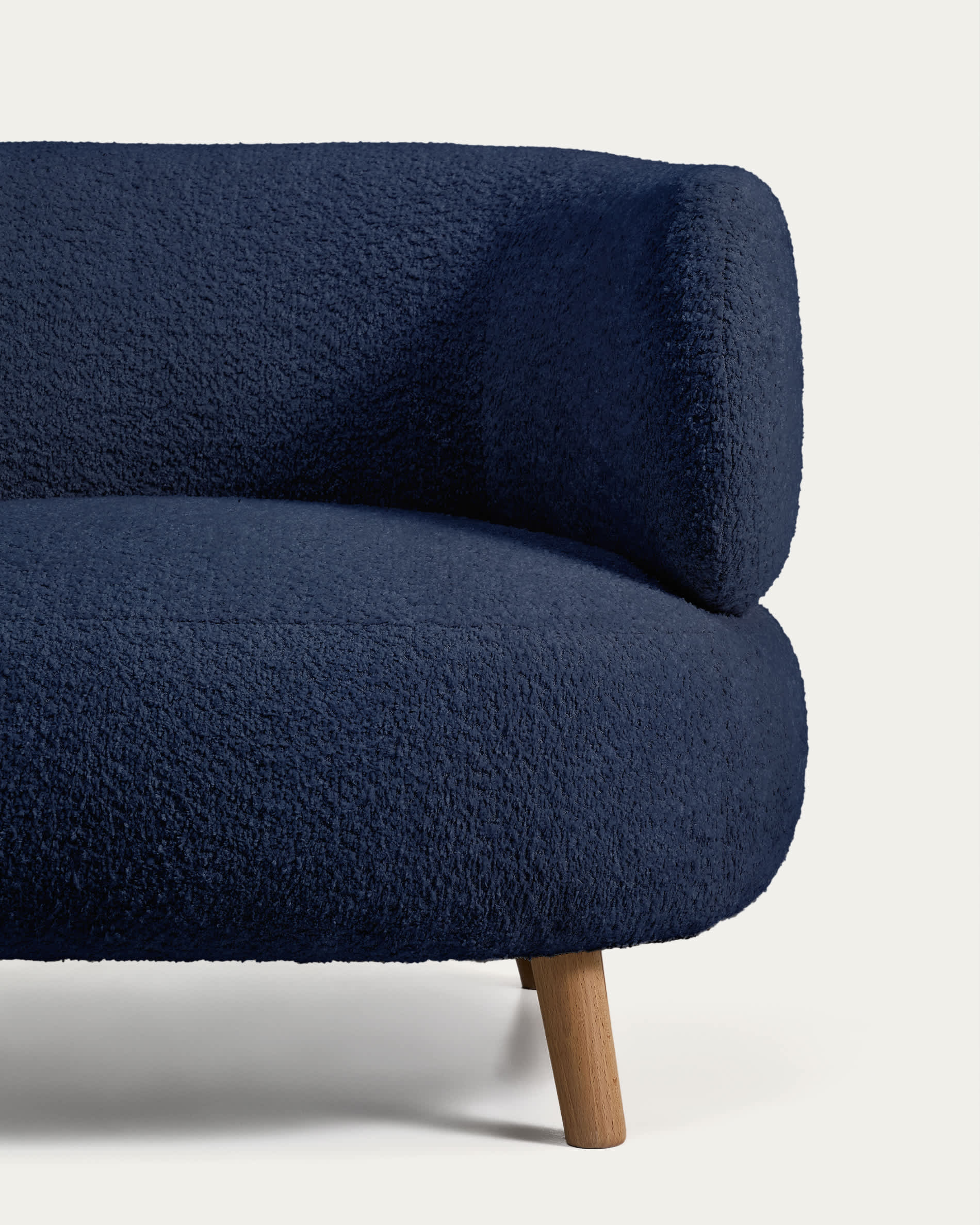 Luisa fire-retardant blue bouclé armchair with solid beech wood legs 90cm