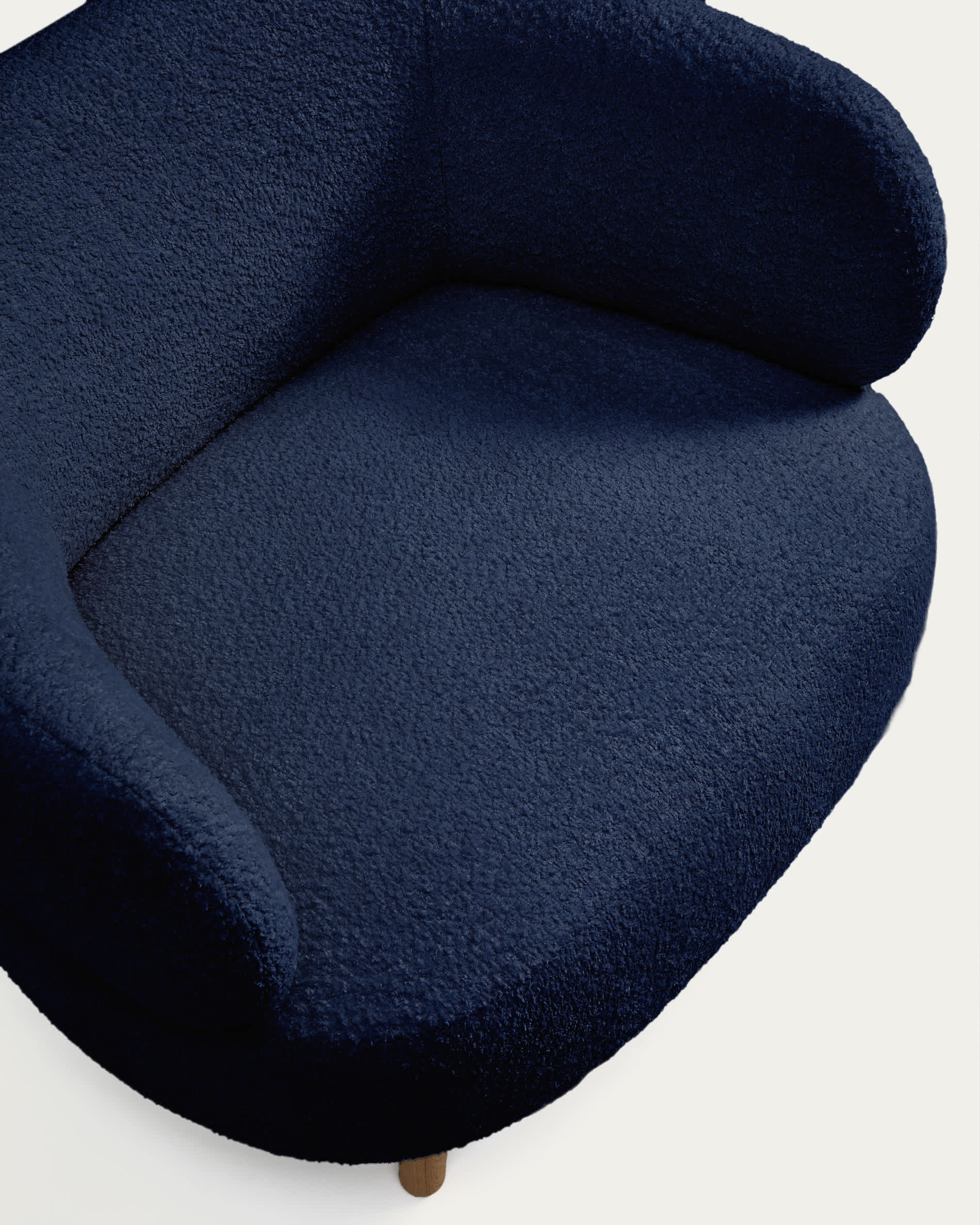 Luisa fire-retardant blue bouclé armchair with solid beech wood legs 90cm