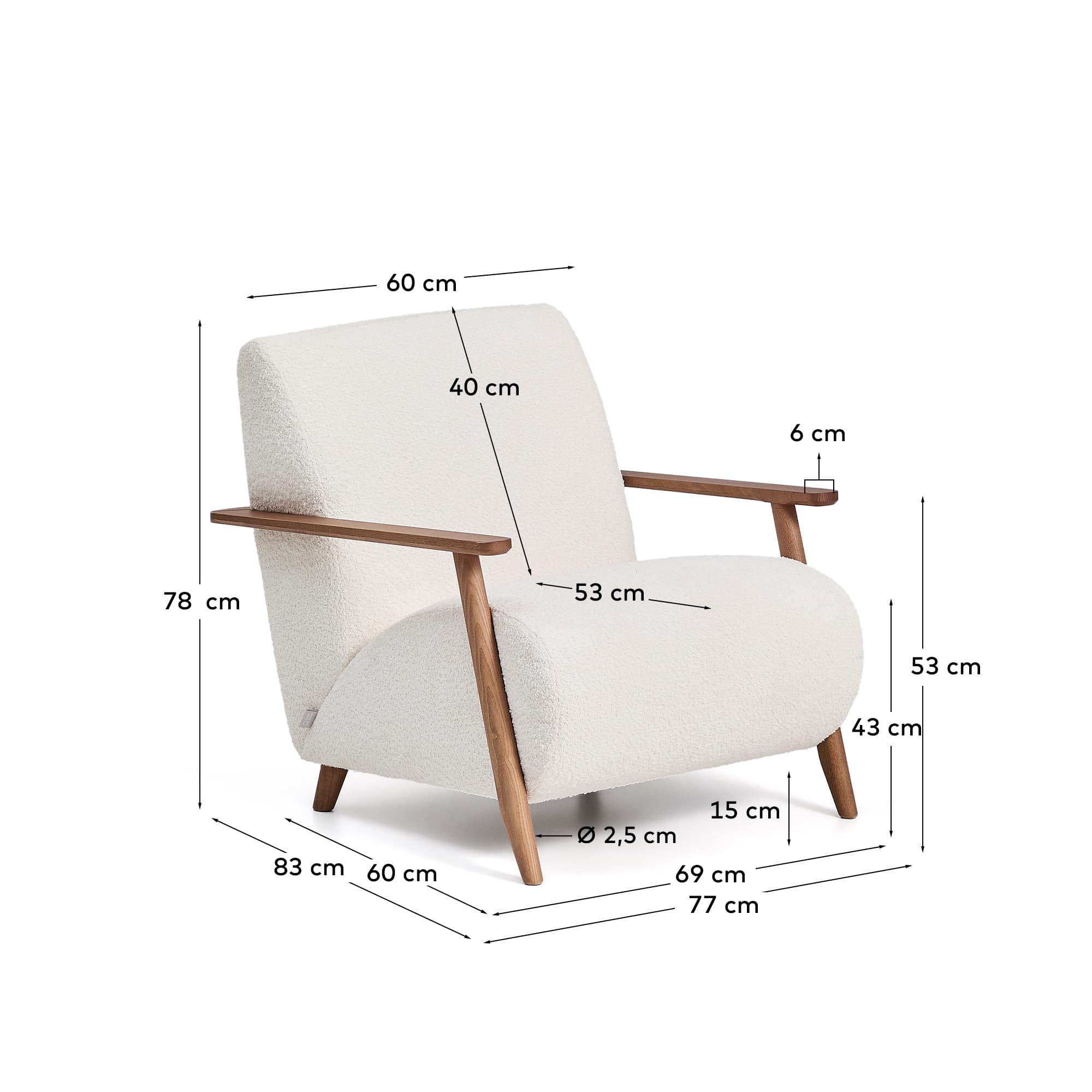 Meghan fire-retardant armchair in ecru bouclé and solid ash wood with walnut-coloured finish FSC Mix Credit