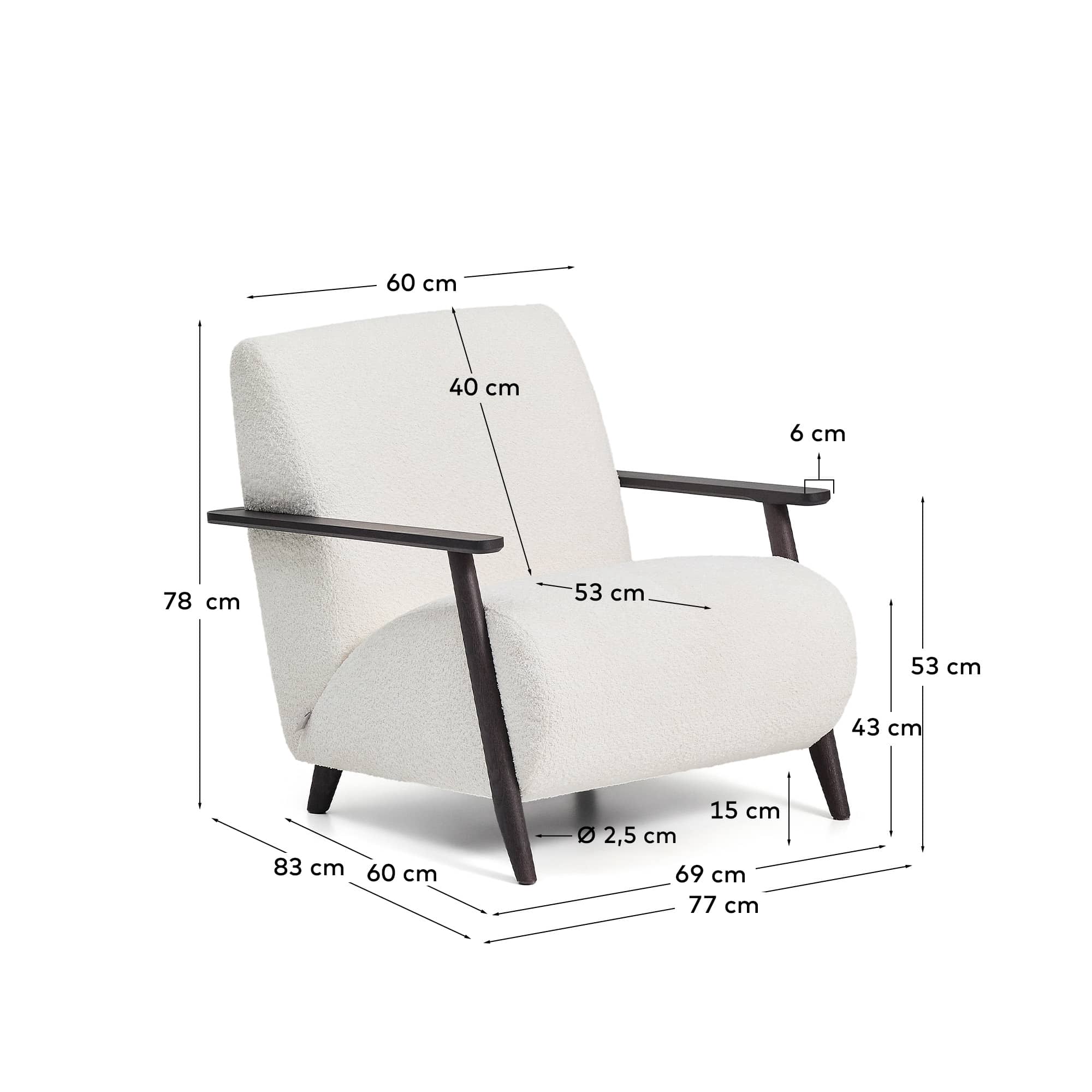 Meghan fire-retardant armchair in ecru bouclé and solid ash wood with wenge-coloured finish FSC Mix Credit