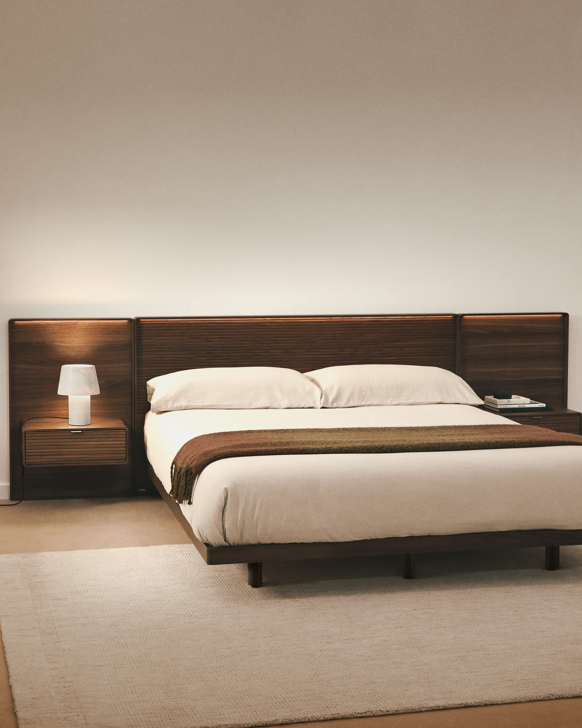 Norlen headboard with 2 bedside tables in walnut veneer with a dark finish and LED light for beds up to 180cm FSC Mix Credit