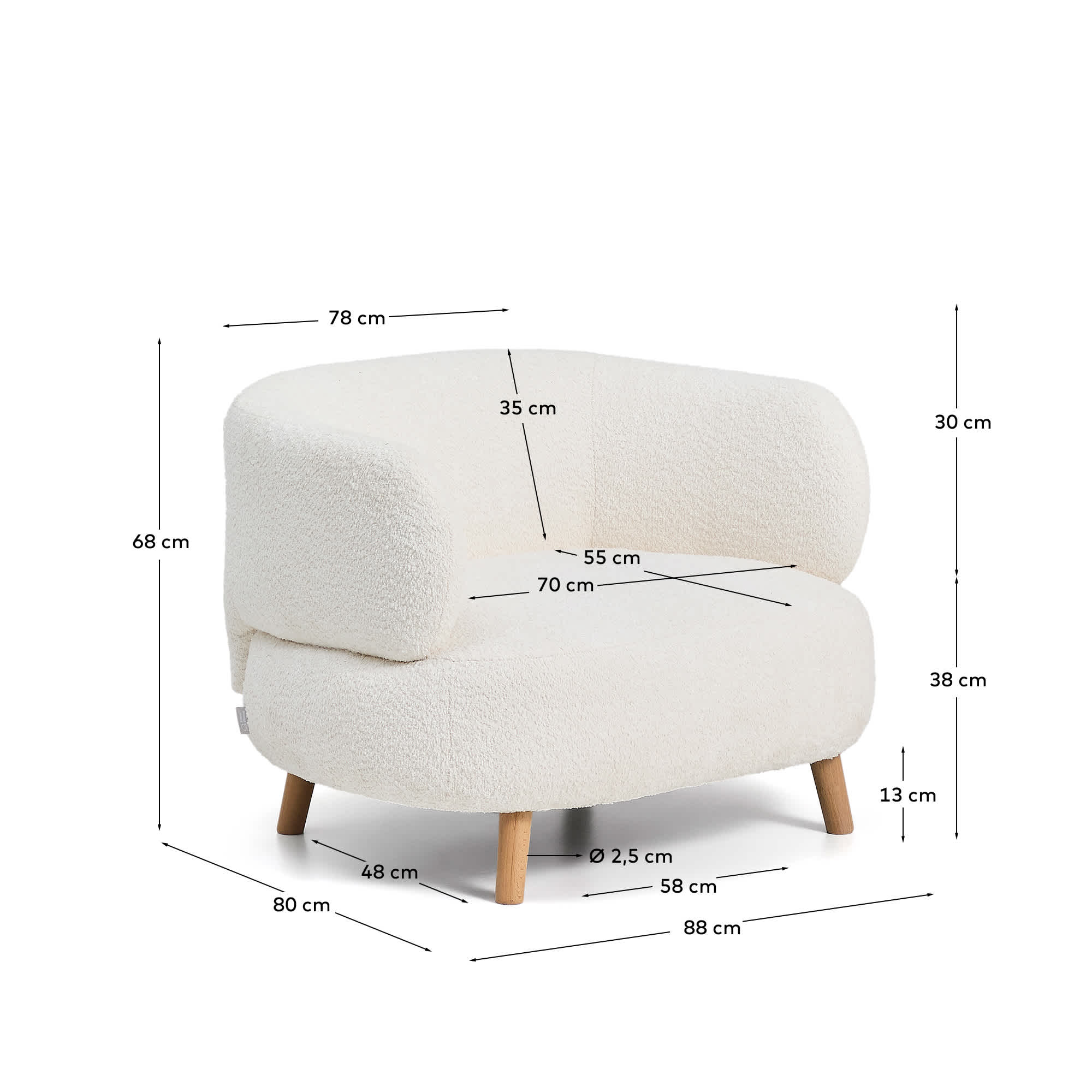 Luisa fire-retardant ecru bouclé armchair with solid beech wood legs 90cm