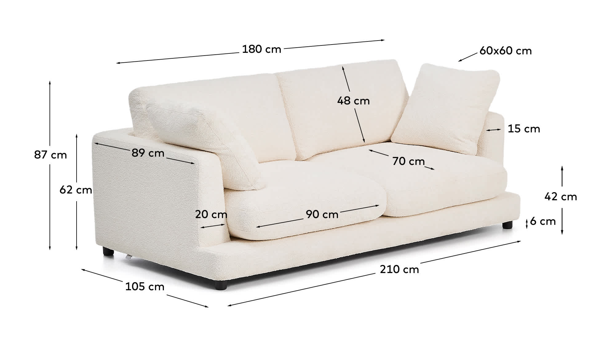 Gala fire-retardant ecru bouclé 3-seater sofa FSC Mix Credit 210cm
