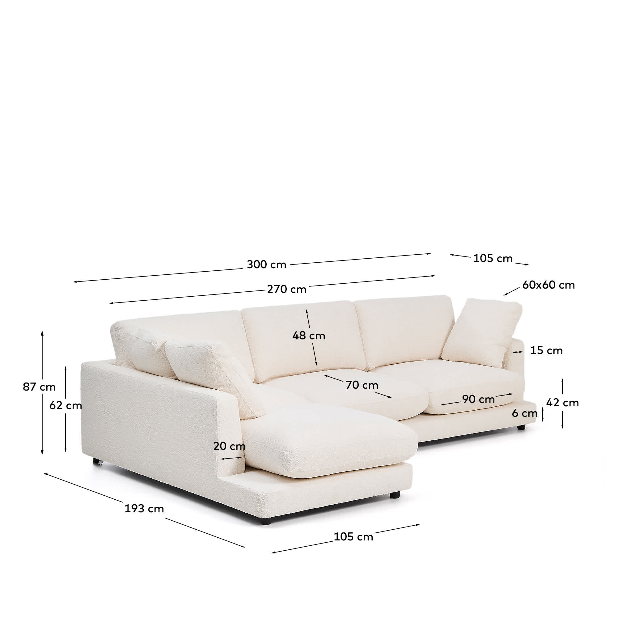 Gala fire-retardant ecru bouclé 4-seater sofa with left chaise longue FSC Mix Credit 300cm