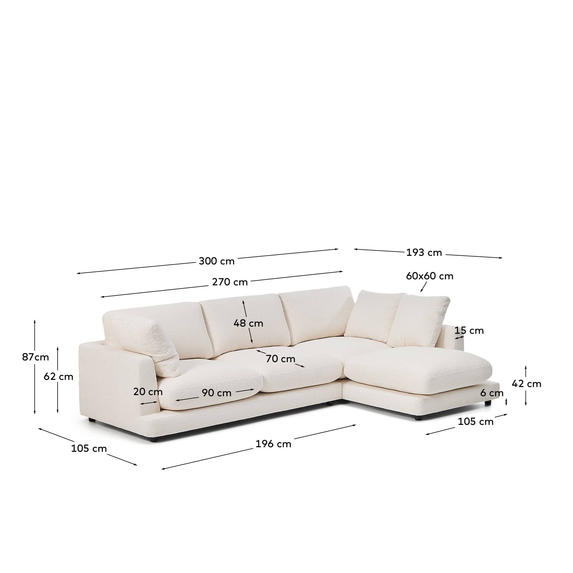 Gala fire-retardant ecru bouclé 4-seater sofa with right chaise longue FSC Mix Credit 300cm