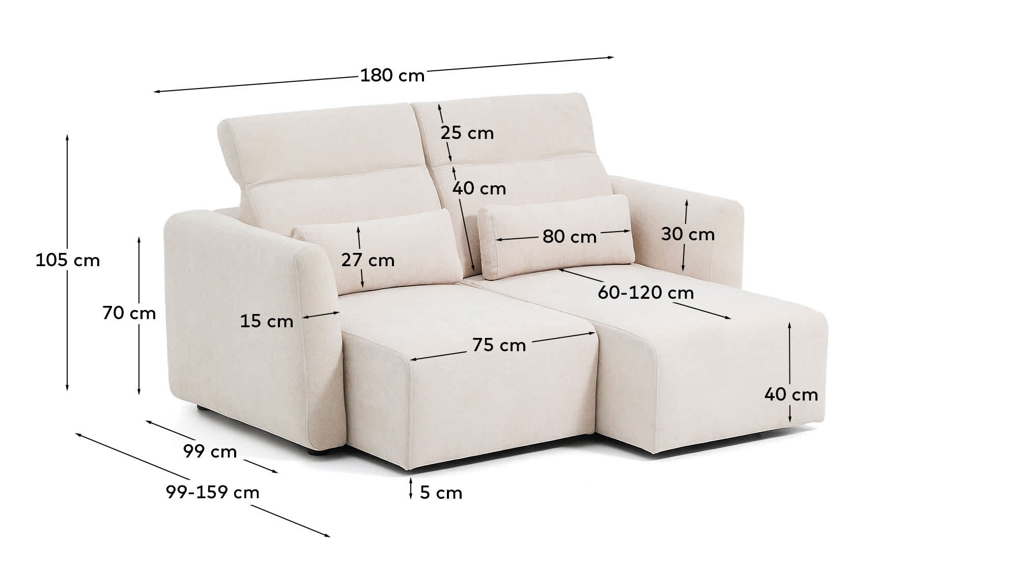 Lares 2-seater sofa with motorised sliding seats and reclining headrest in beige chenille 180cm