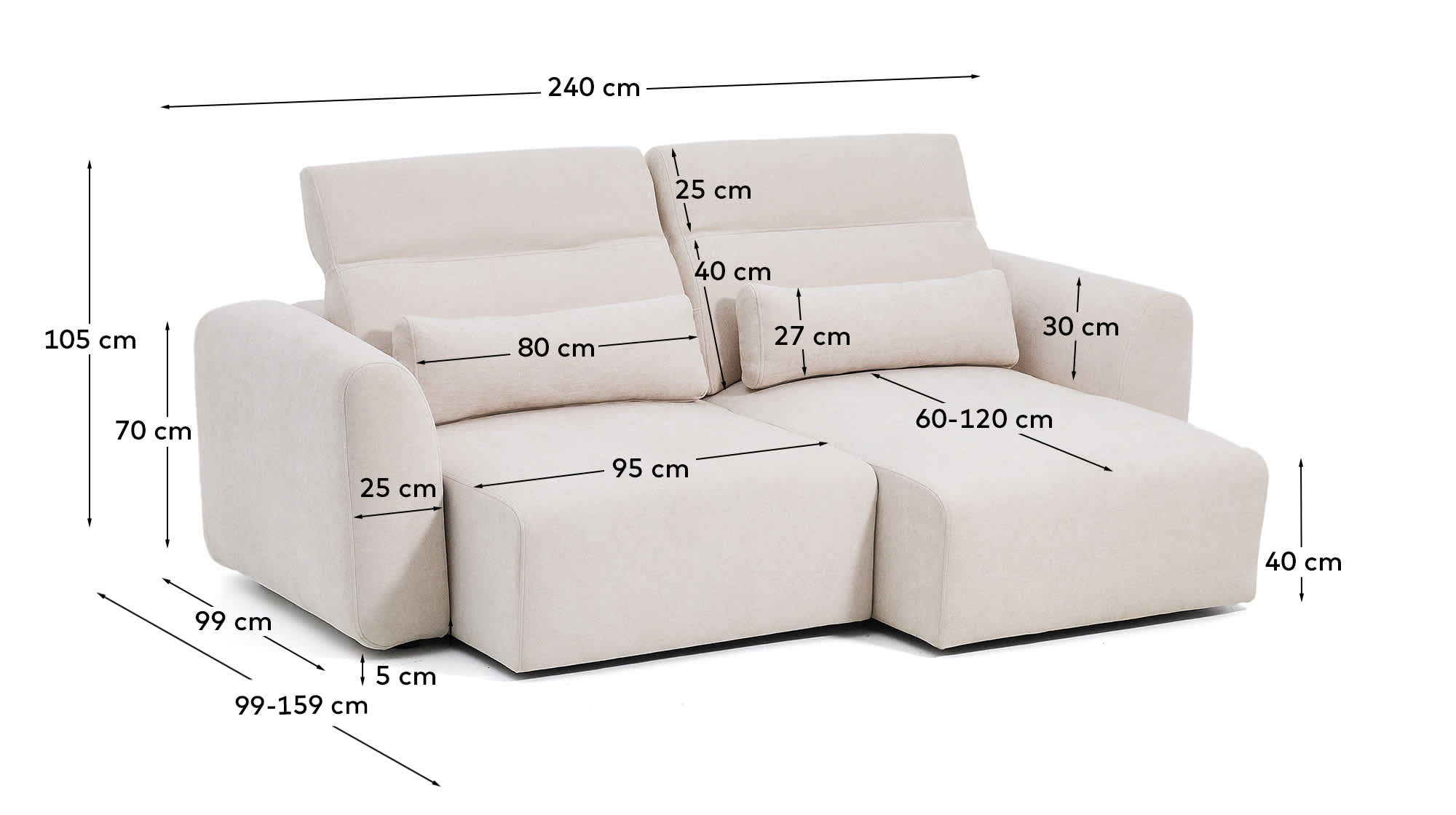 Lares 3-seater sofa with motorised sliding seats and reclining headrest in beige chenille 240cm
