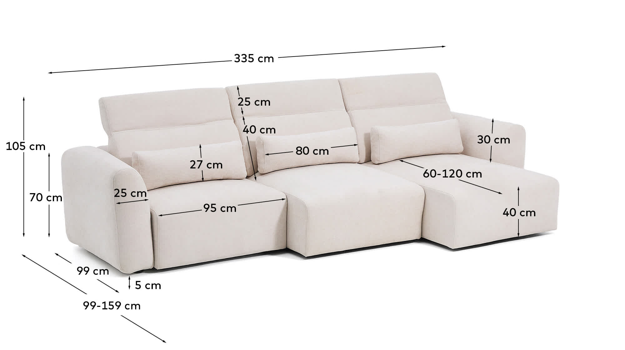 Lares 5-seater sofa with motorised sliding seats and reclining headrest in beige chenille 335cm