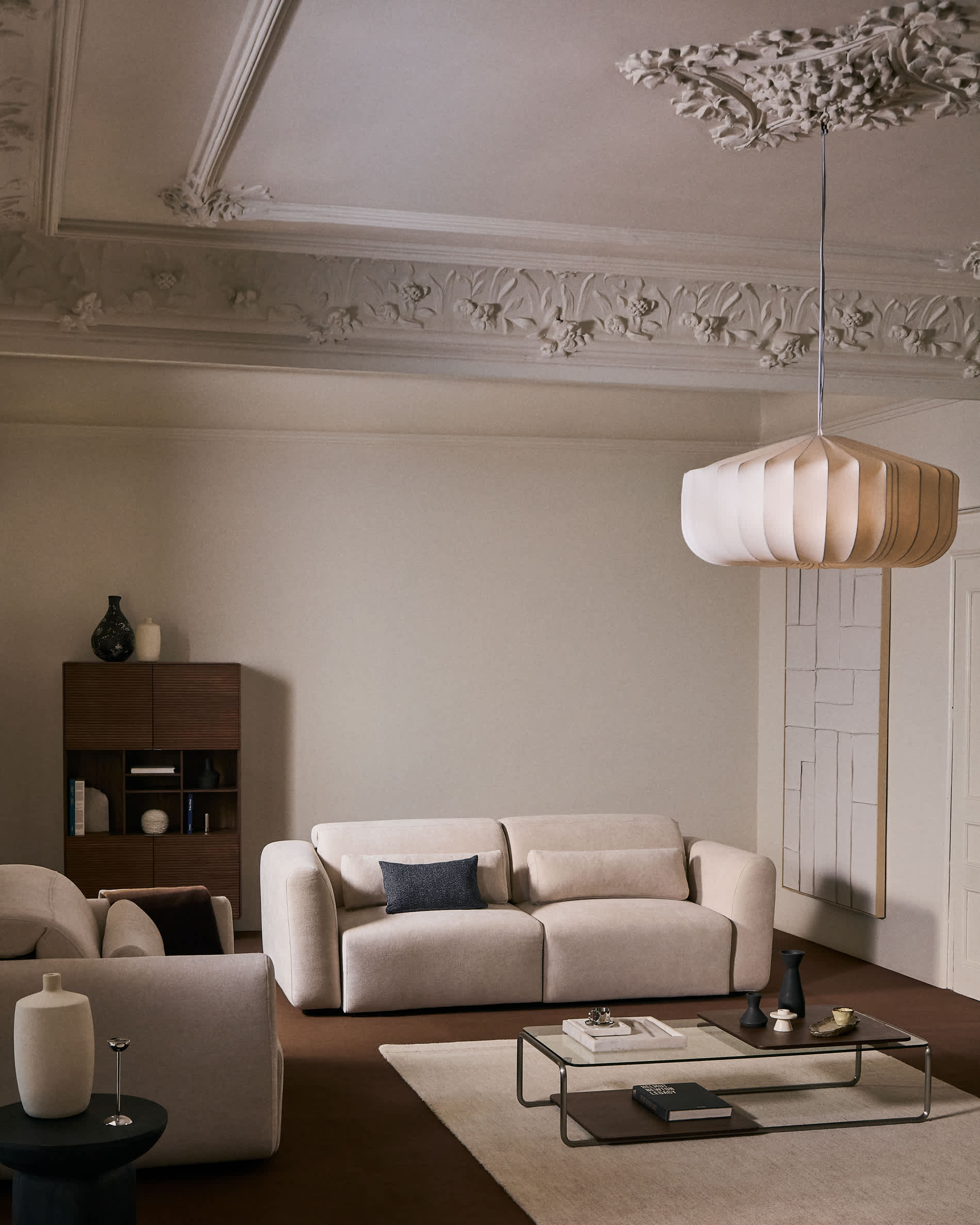 Lares 3-seater sofa with motorised sliding seats and reclining headrest in beige chenille 240cm