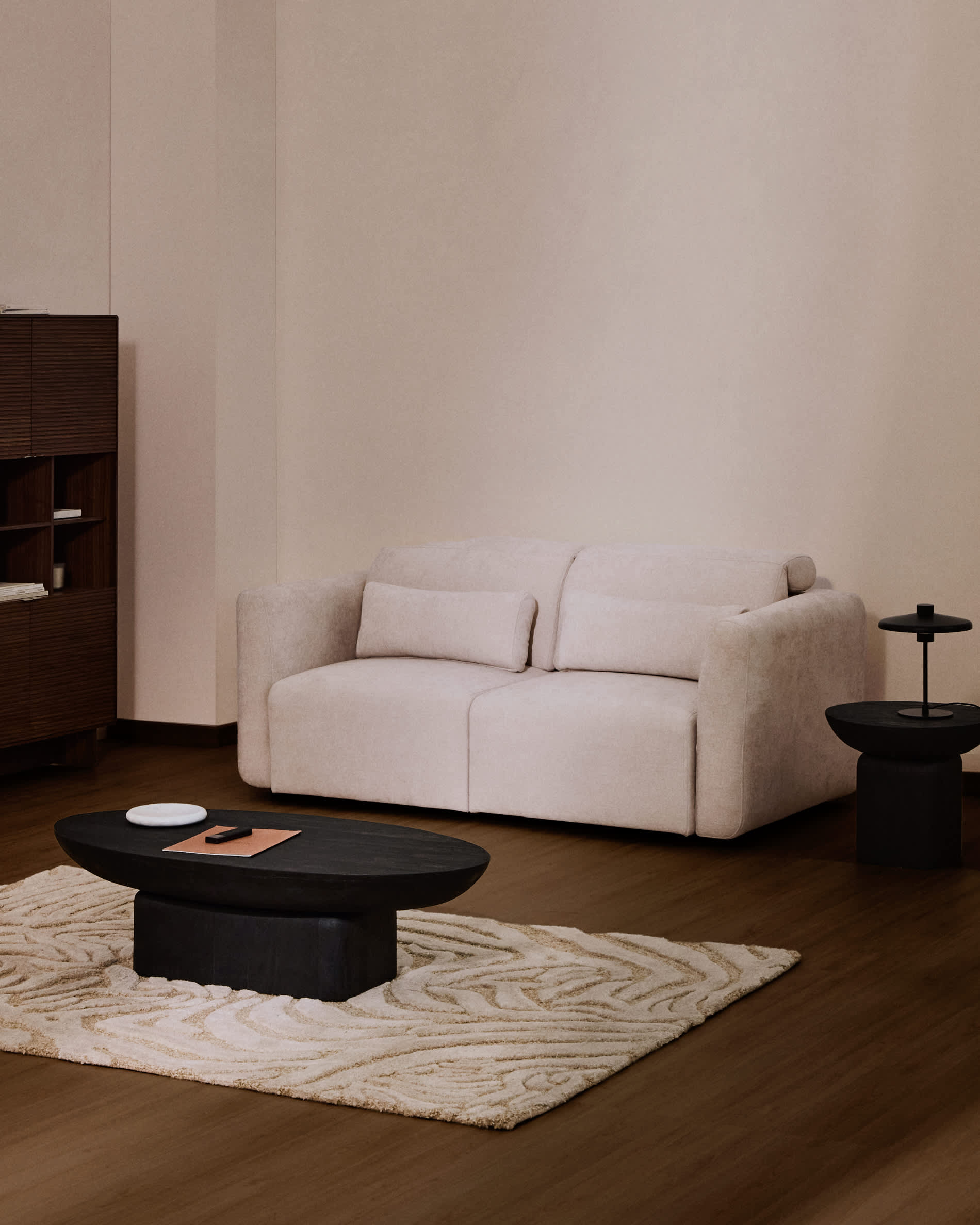 Lares 2-seater sofa with motorised sliding seats and reclining headrest in beige chenille 180cm