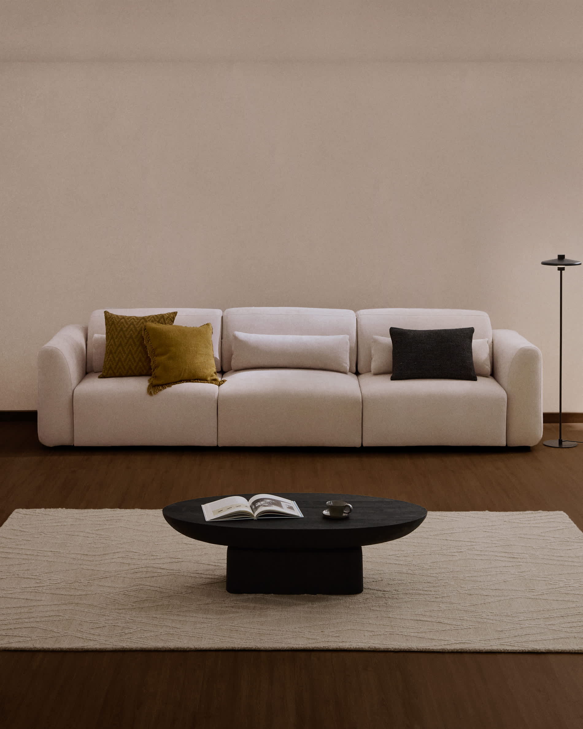 Lares 5-seater sofa with motorised sliding seats and reclining headrest in beige chenille 335cm
