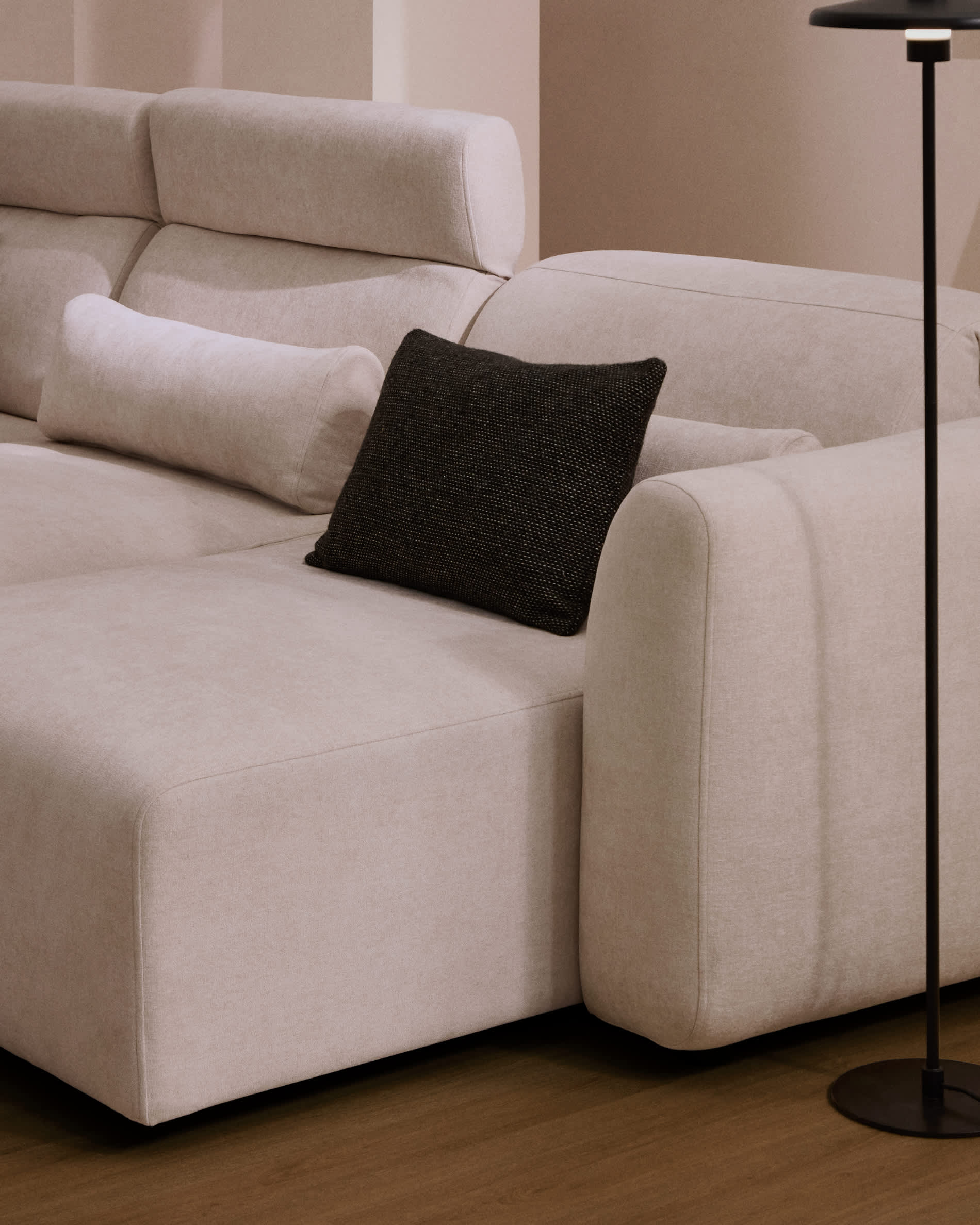 Lares 5-seater sofa with motorised sliding seats and reclining headrest in beige chenille 335cm
