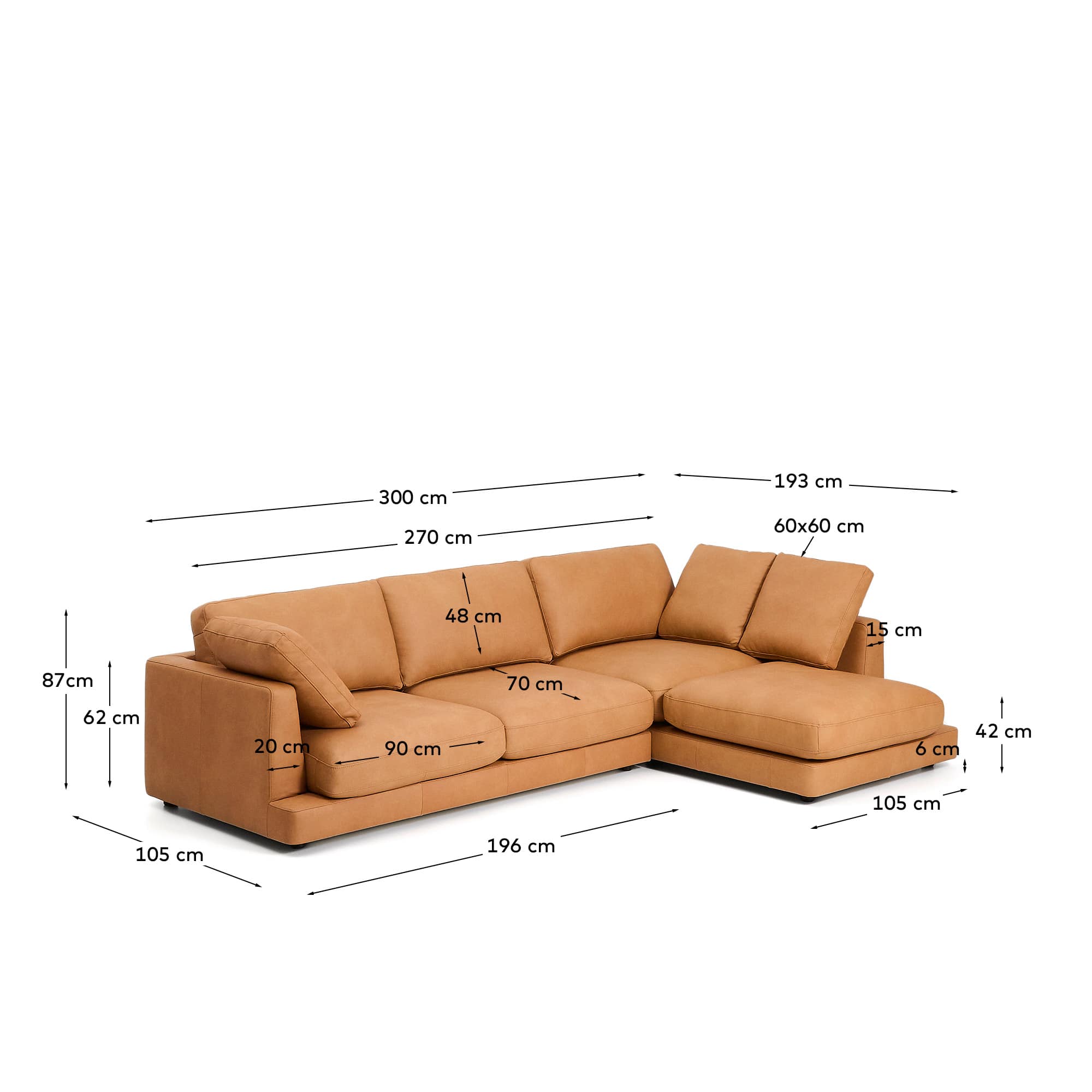 Gala 4-seater leather sofa with right chaise longue brown 300cm