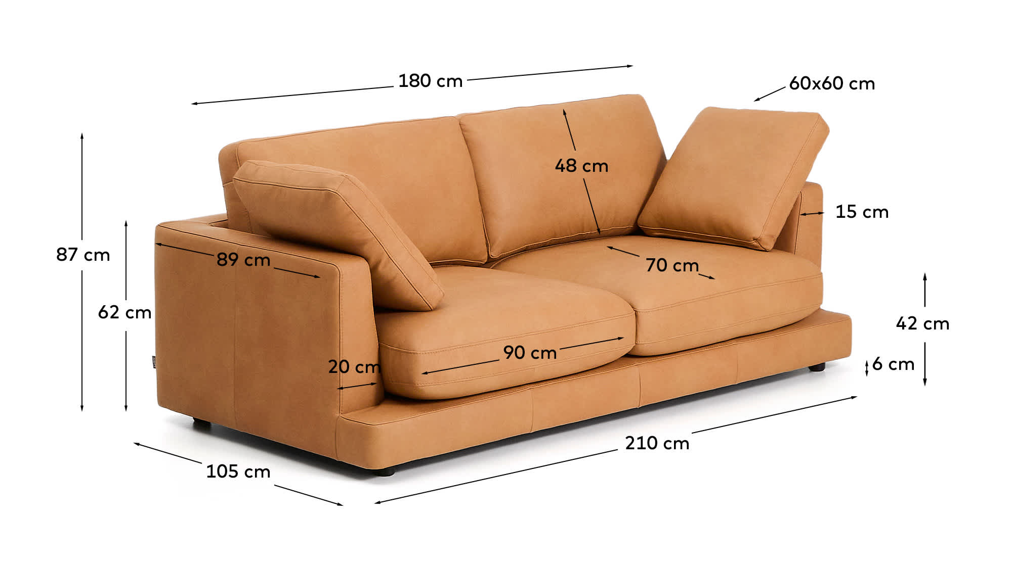 Gala 3-seater sofa in brown leather 210cm