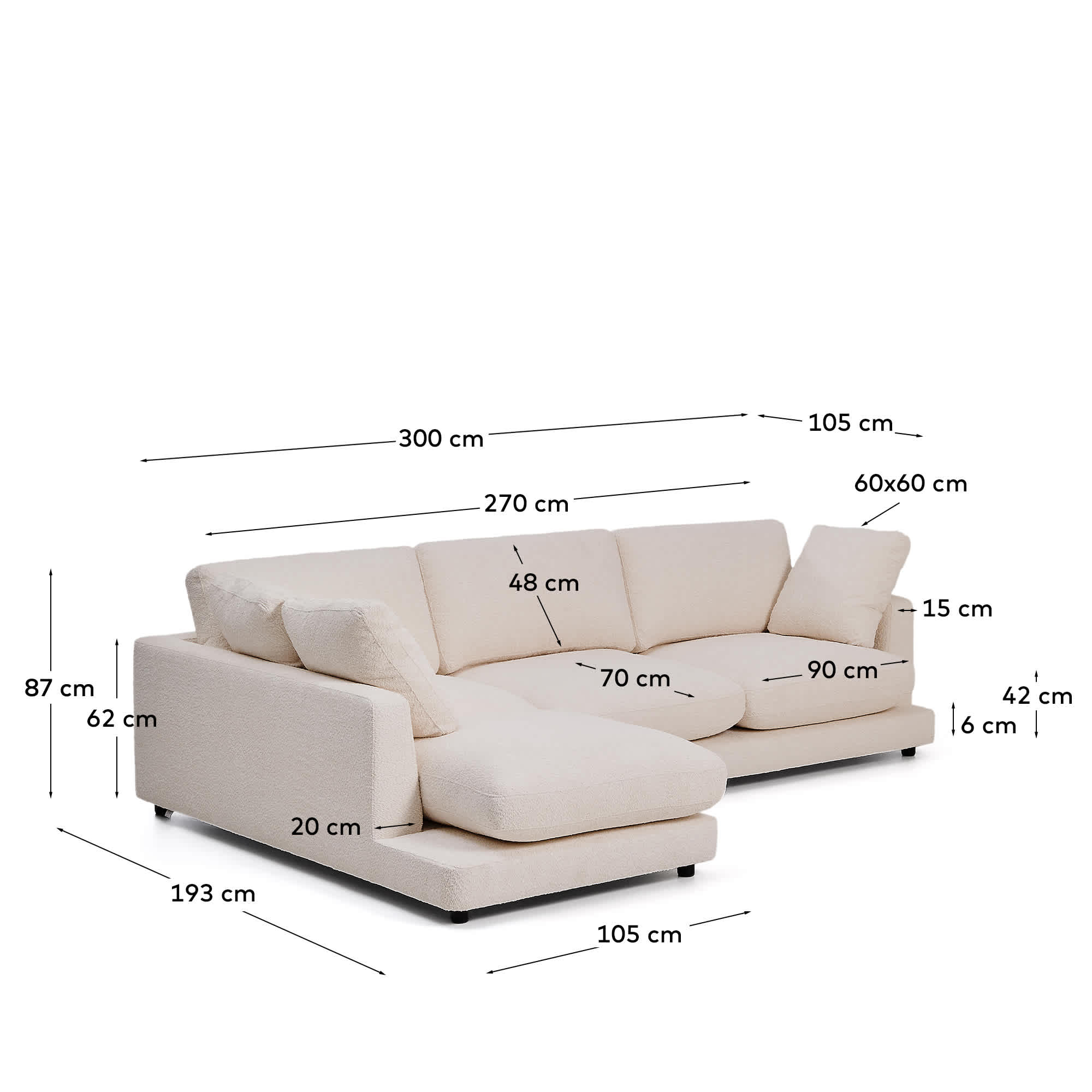 Gala fire-retardant beige bouclé 4-seater sofa with left chaise longue FSC Mix Credit 300cm