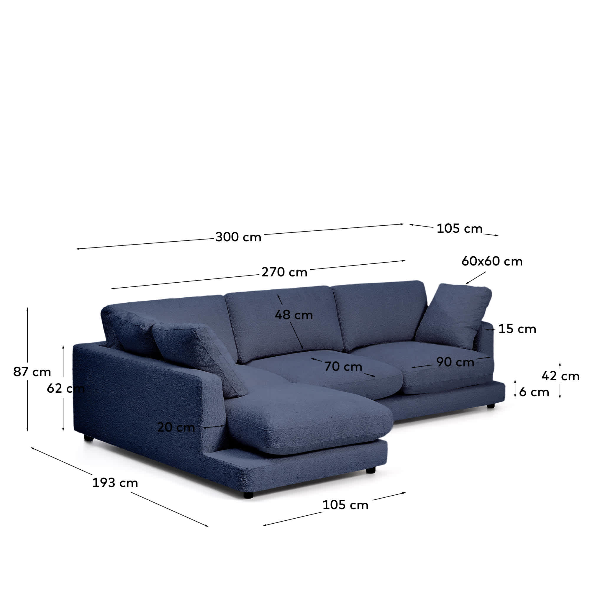 Gala fire-retardant blue bouclé 4-seater sofa with left chaise longue FSC Mix Credit 300cm