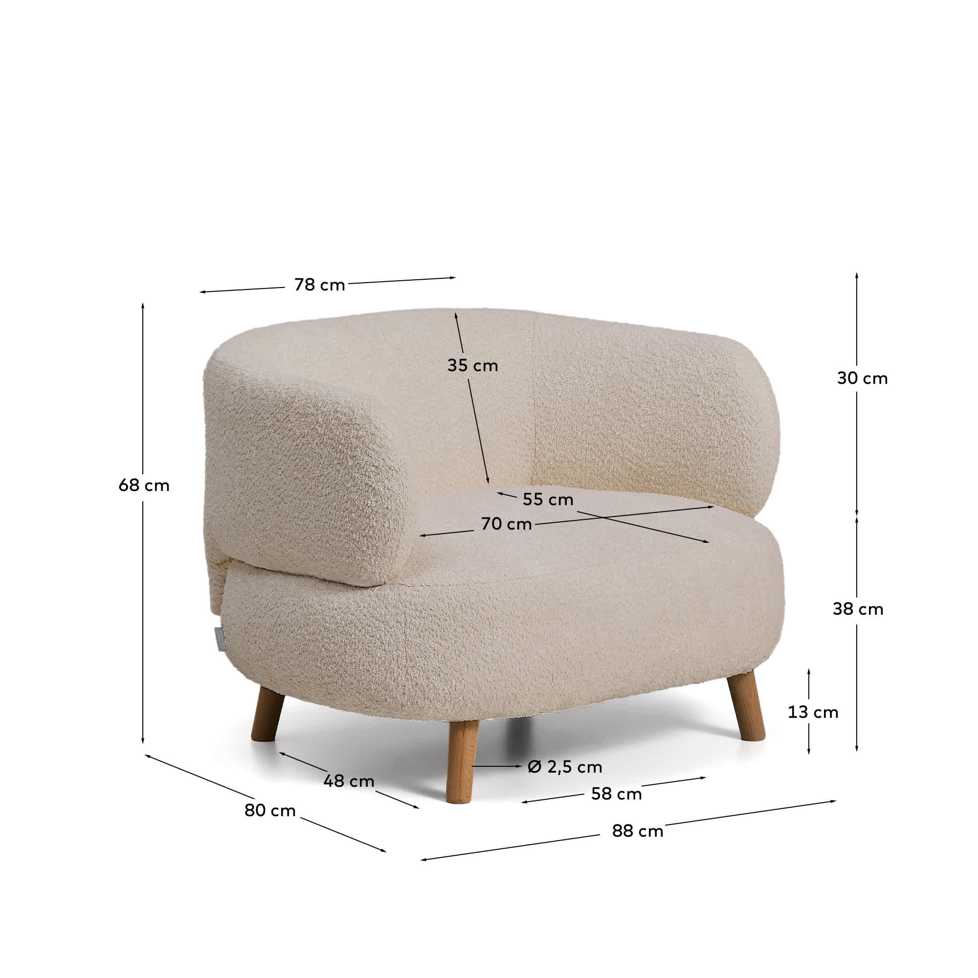 Luisa fire-retardant beige bouclé armchair with solid beech wood legs 90cm