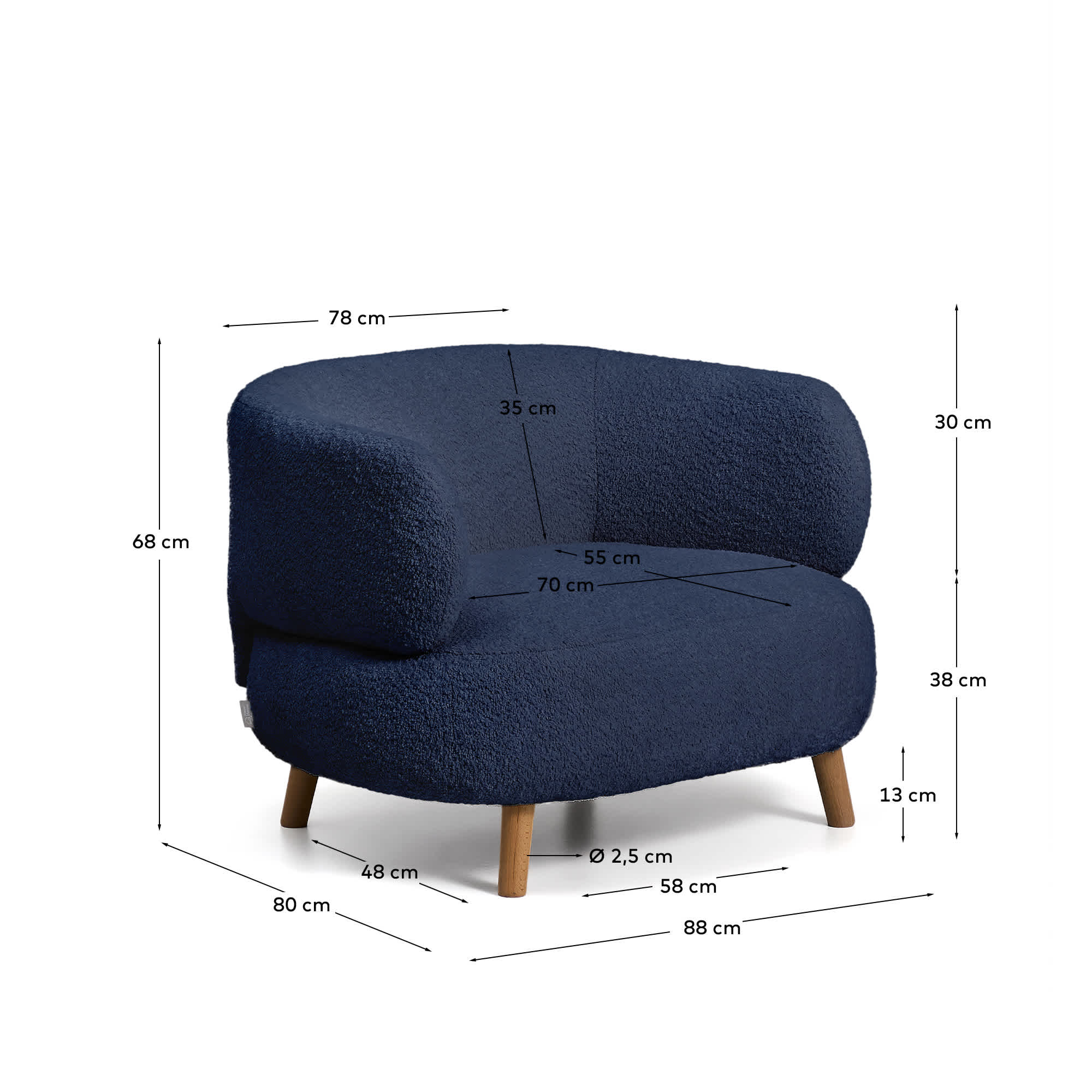 Luisa fire-retardant blue bouclé armchair with solid beech wood legs 90cm