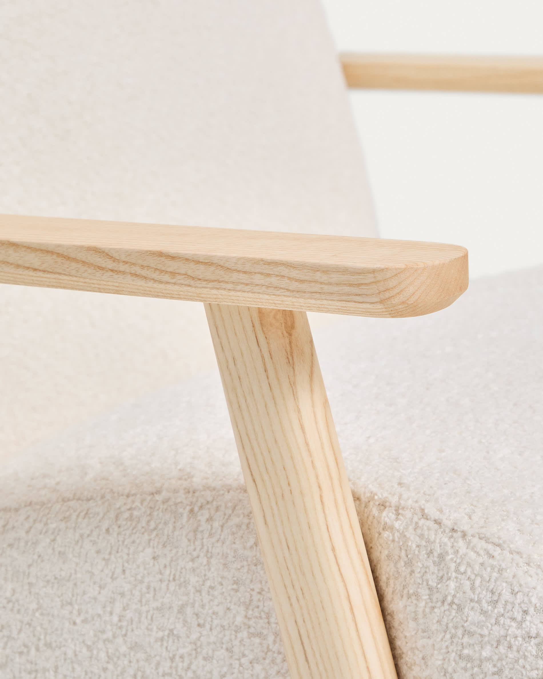 Meghan fire-retardant armchair in ecru bouclé and solid ash wood with natural tone finish FSC Mix Credit