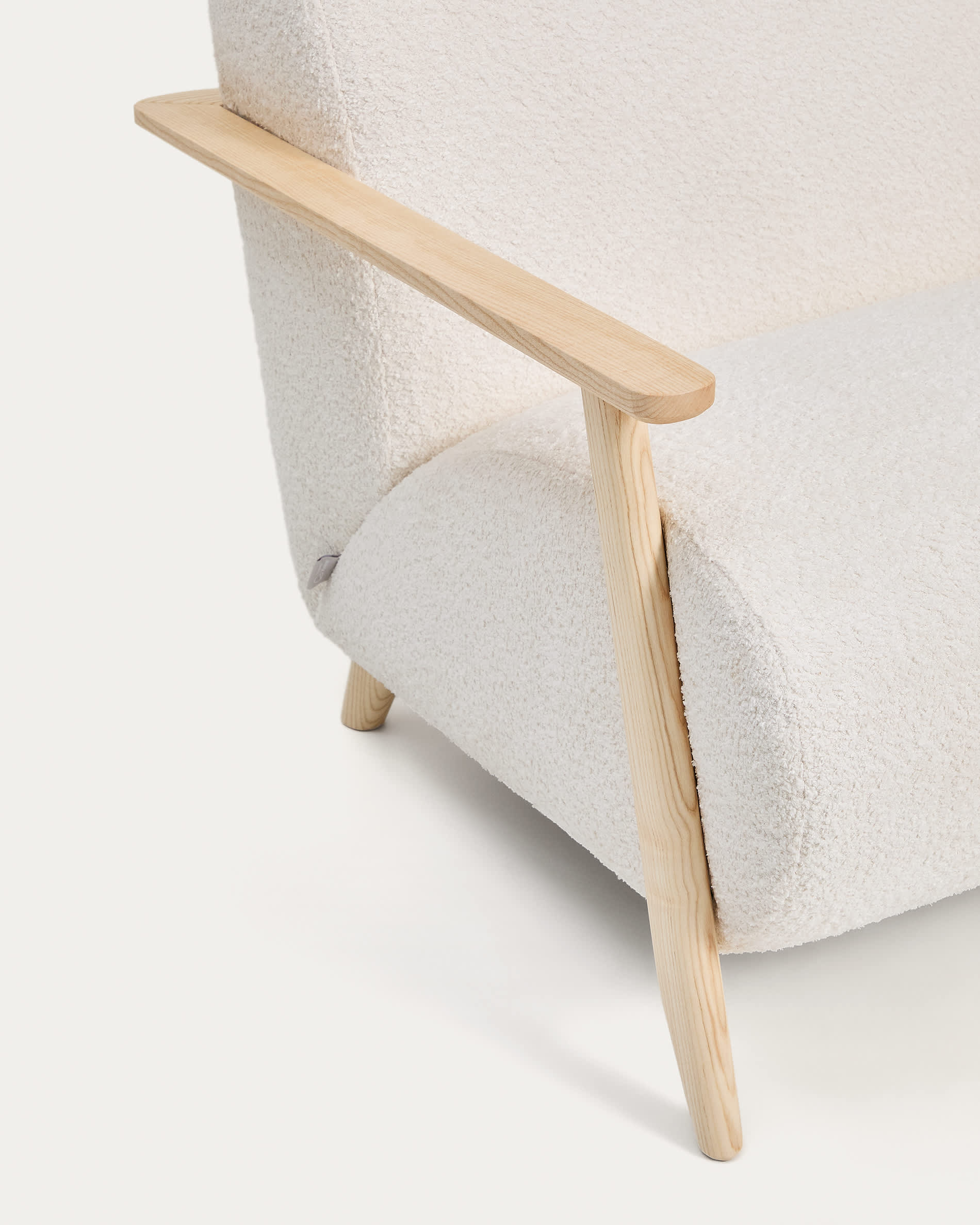 Meghan fire-retardant armchair in ecru bouclé and solid ash wood with natural tone finish FSC Mix Credit